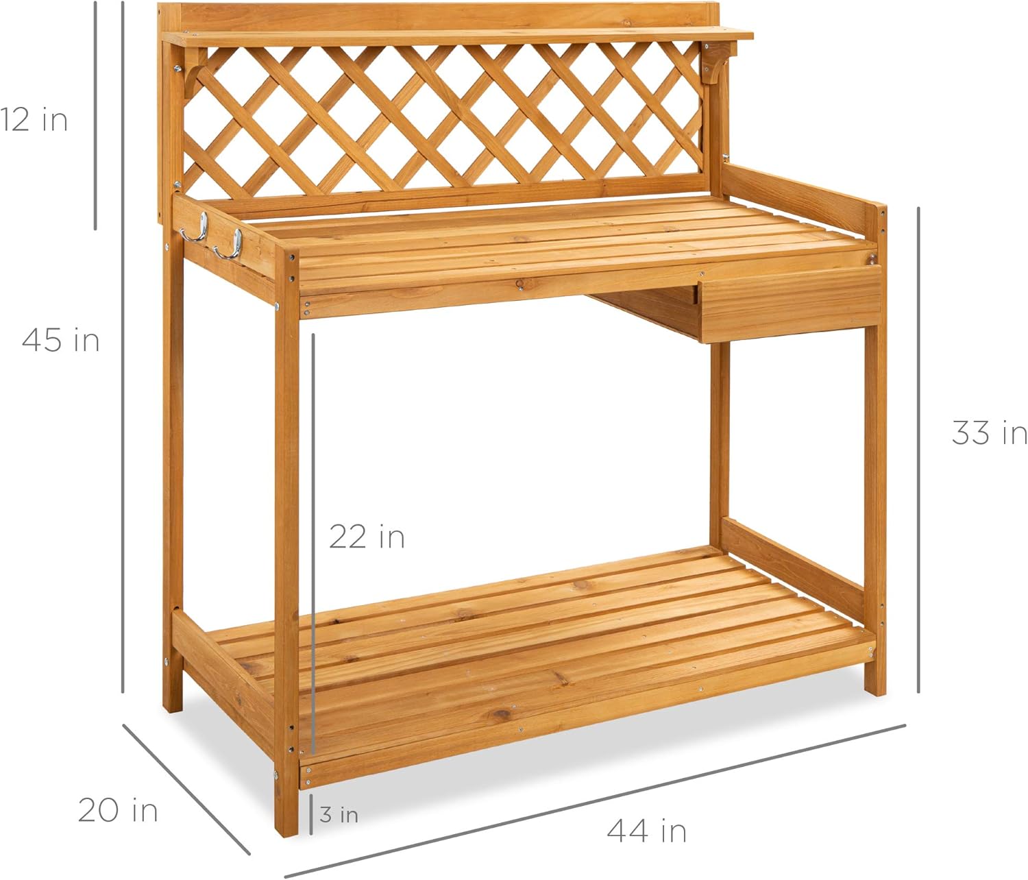 Best Choice Products Outdoor Garden Potting Bench, Wooden Workstation Table w/Cabinet Drawer, Open Shelf, Lower Storage, Lattice Back - Natural - Image 2