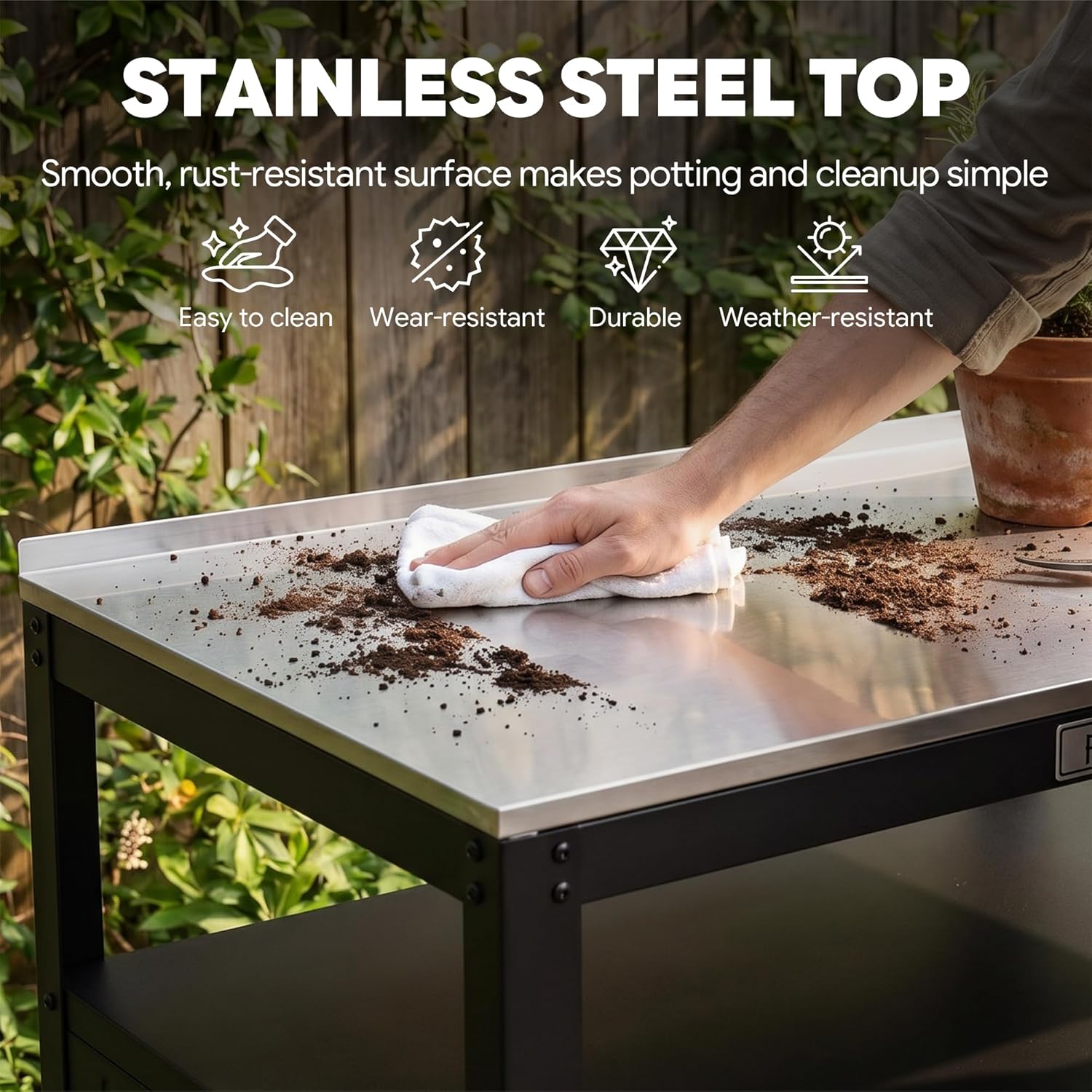 Feasto Outdoor Potting Bench with Storage, Stainless Steel Tabletop Garden Work Bench with Storage Cabinet & Removable Inner Shelf for Patio Lawn Outdoor Gardening - Image 8