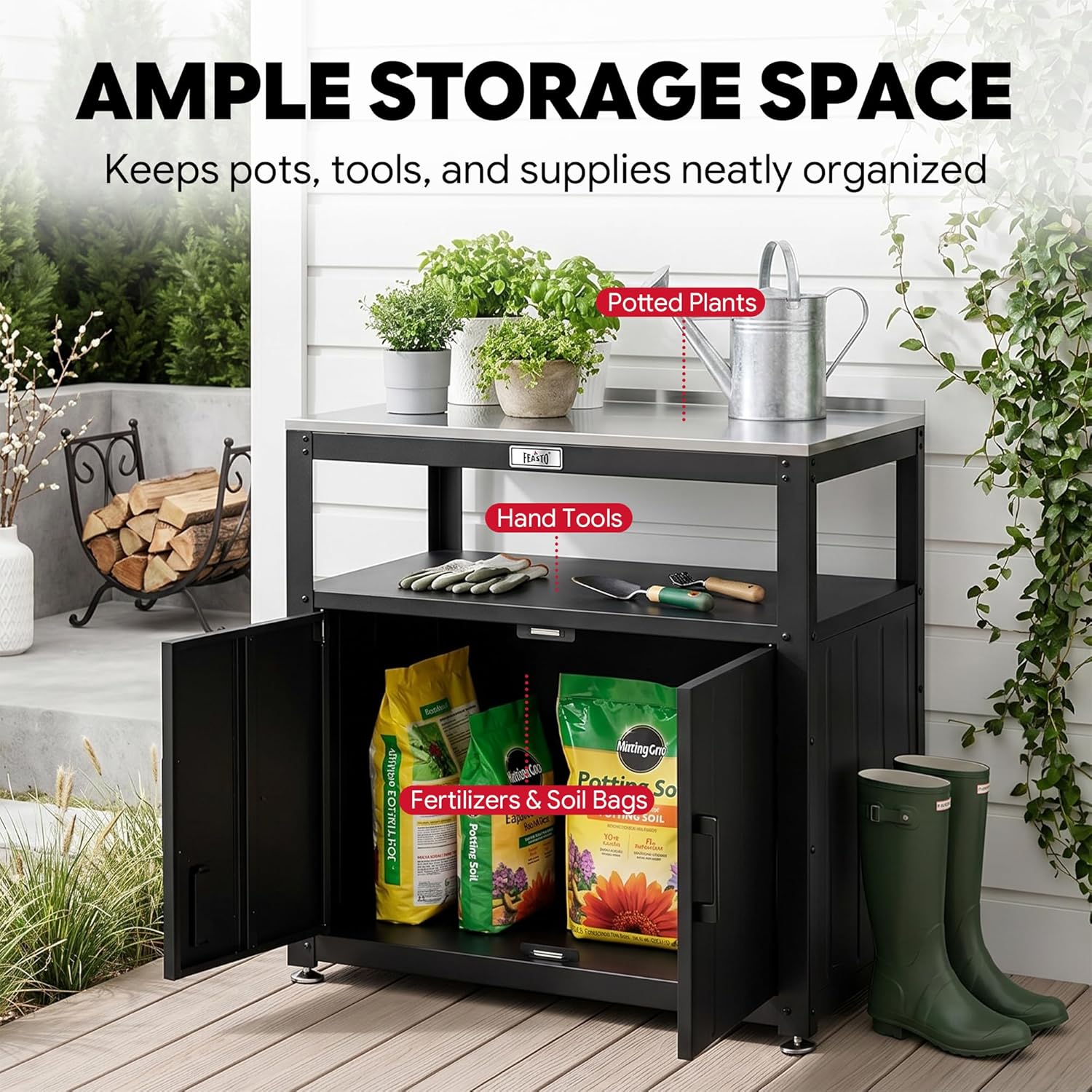 Feasto Outdoor Potting Bench with Storage, Stainless Steel Tabletop Garden Work Bench with Storage Cabinet & Removable Inner Shelf for Patio Lawn Outdoor Gardening - Image 7
