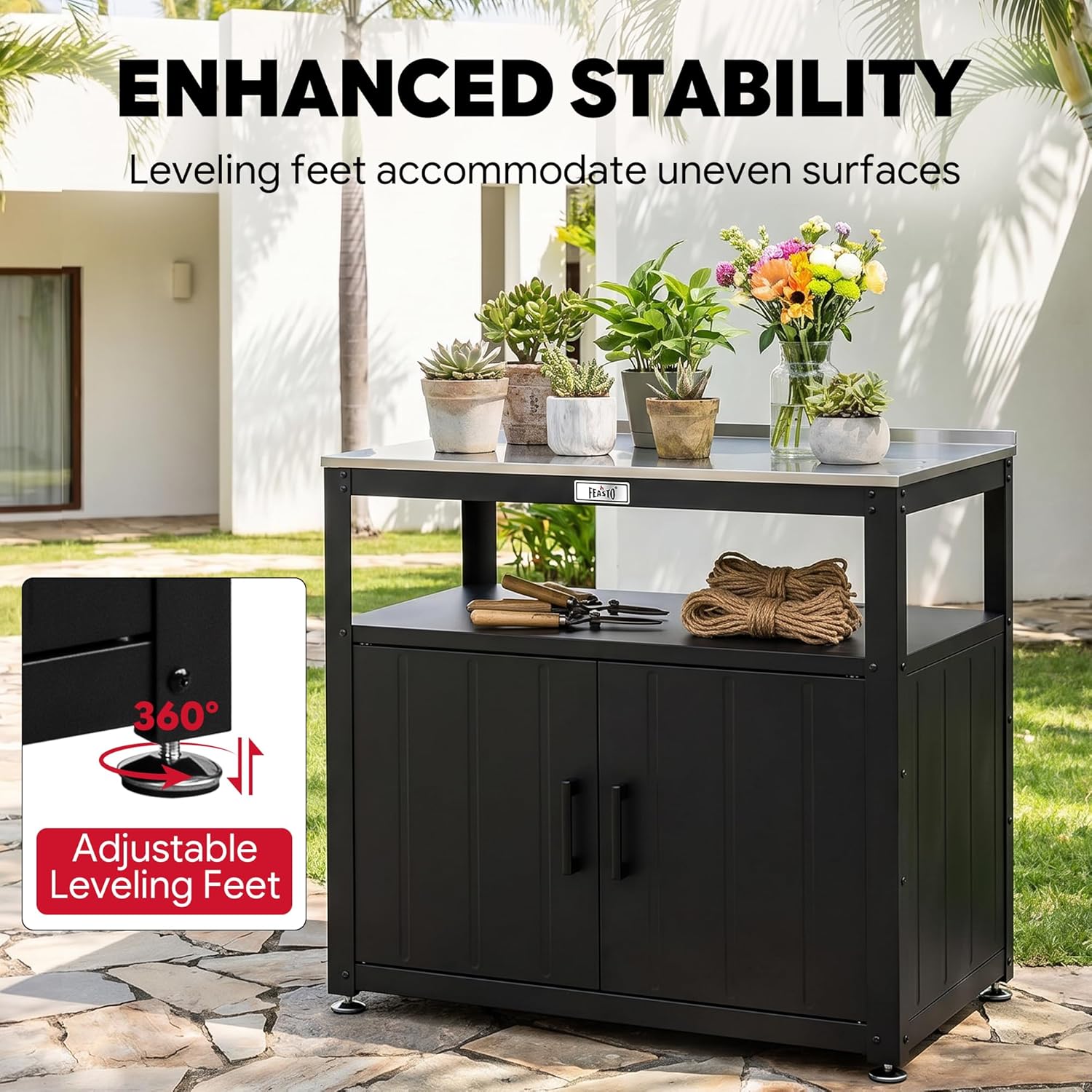 Feasto Outdoor Potting Bench with Storage, Stainless Steel Tabletop Garden Work Bench with Storage Cabinet & Removable Inner Shelf for Patio Lawn Outdoor Gardening - Image 5