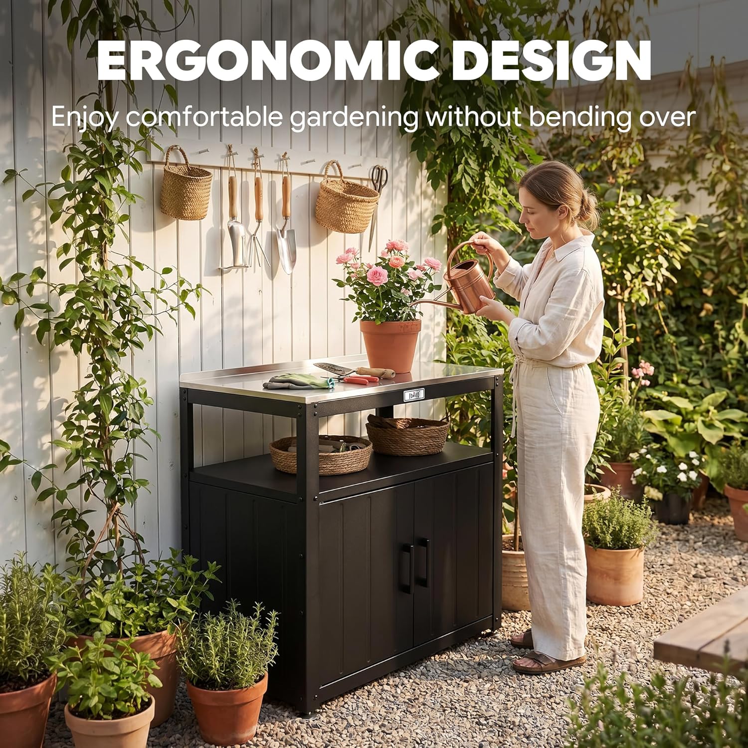 Feasto Outdoor Potting Bench with Storage, Stainless Steel Tabletop Garden Work Bench with Storage Cabinet & Removable Inner Shelf for Patio Lawn Outdoor Gardening - Image 4