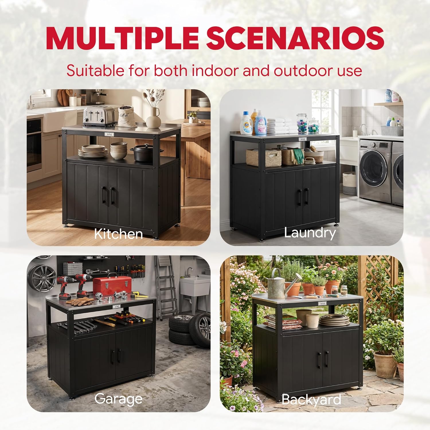 Feasto Outdoor Potting Bench with Storage, Stainless Steel Tabletop Garden Work Bench with Storage Cabinet & Removable Inner Shelf for Patio Lawn Outdoor Gardening - Image 3