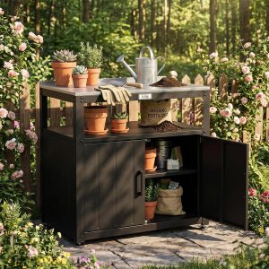 Alternative view of Feasto Outdoor Potting Bench with Storage, Stainless Steel Tabletop Garden Work Bench with Storage Cabinet & Removable Inner Shelf for Patio Lawn Outdoor Gardening