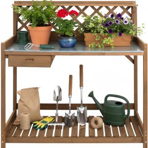 Ketive Garden Potting Bench with Metal Tabletop,Outdoor Potting Table Workstation Benches with Drawer-Storage Shelf，Fir Wood Potting Station Work Table with Open Shelf,Lattice Back (Brown) - 1