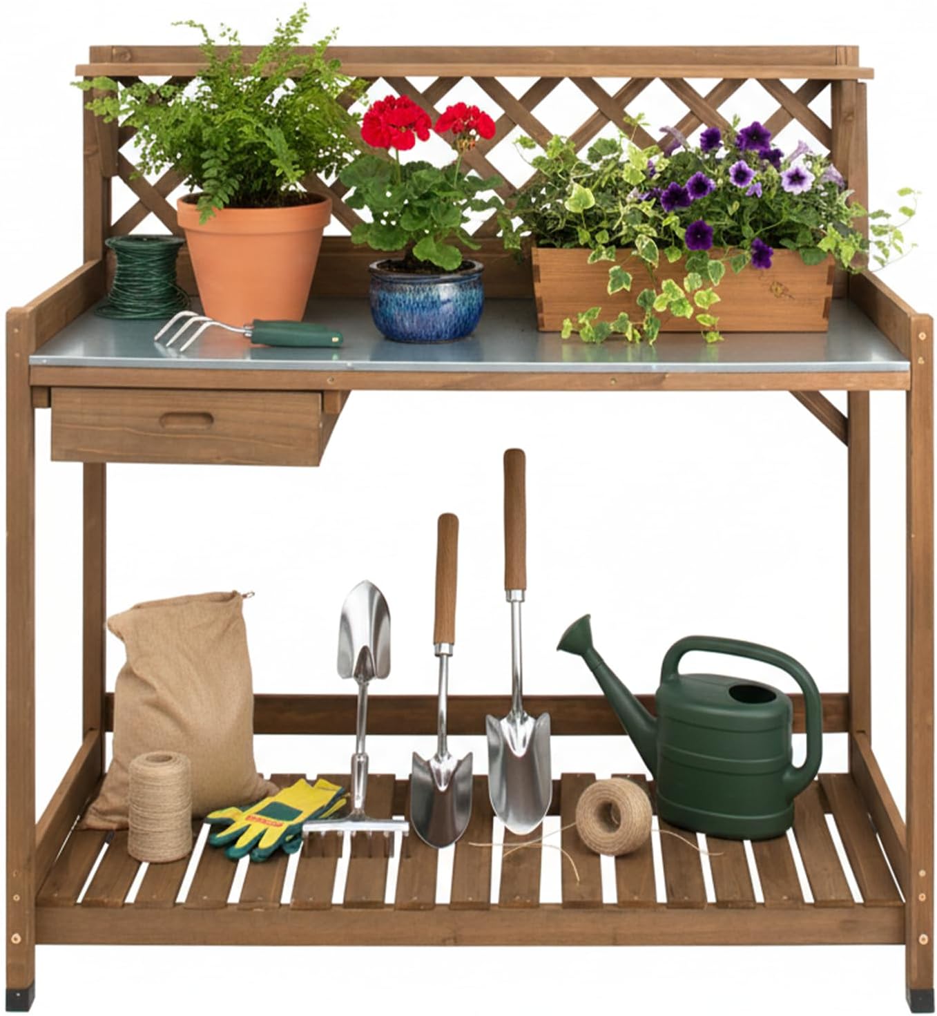 Ketive Garden Potting Bench with Metal Tabletop,Outdoor Potting Table Workstation Benches with Drawer-Storage Shelf，Fir Wood Potting Station Work Table with Open Shelf,Lattice Back (Brown) - 1