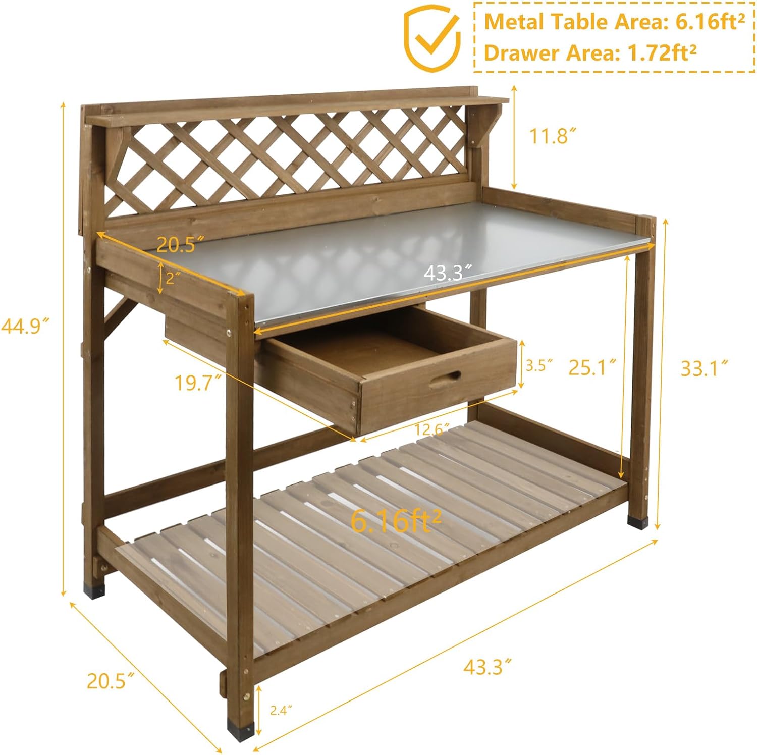 Ketive Garden Potting Bench with Metal Tabletop,Outdoor Potting Table Workstation Benches with Drawer/Storage Shelf，Fir Wood Potting Station Work Table with Open Shelf,Lattice Back (Brown) - Image 6