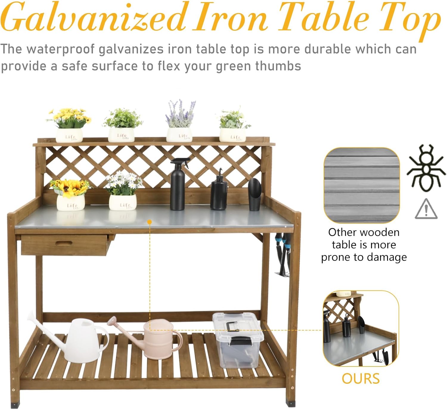 Ketive Garden Potting Bench with Metal Tabletop,Outdoor Potting Table Workstation Benches with Drawer/Storage Shelf，Fir Wood Potting Station Work Table with Open Shelf,Lattice Back (Brown) - Image 5