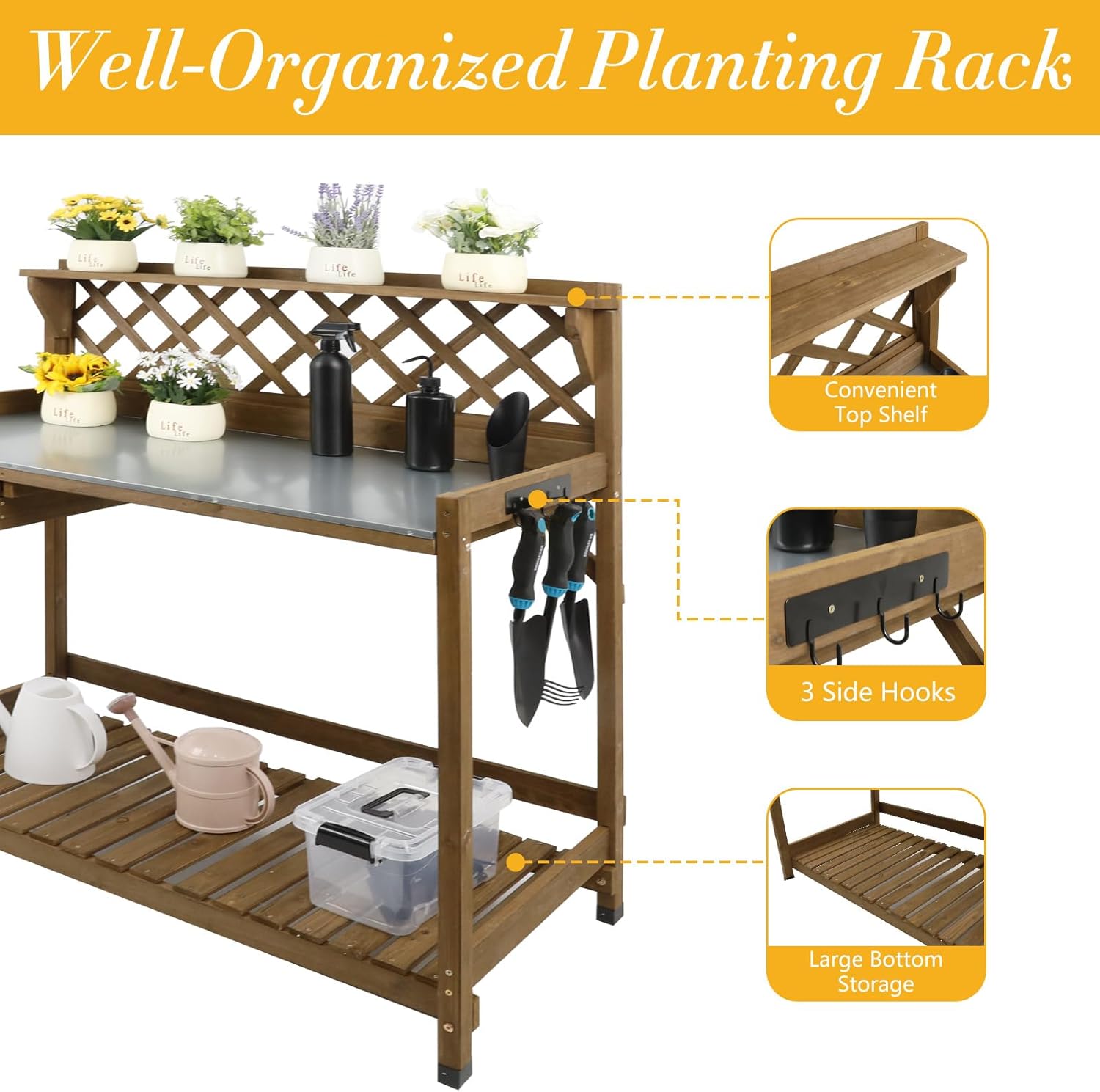 Ketive Garden Potting Bench with Metal Tabletop,Outdoor Potting Table Workstation Benches with Drawer/Storage Shelf，Fir Wood Potting Station Work Table with Open Shelf,Lattice Back (Brown) - Image 4