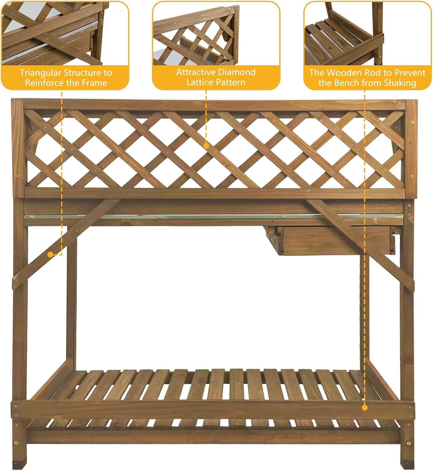 Ketive Garden Potting Bench with Metal Tabletop,Outdoor Potting Table Workstation Benches with Drawer/Storage Shelf，Fir Wood Potting Station Work Table with Open Shelf,Lattice Back (Brown) - Image 3