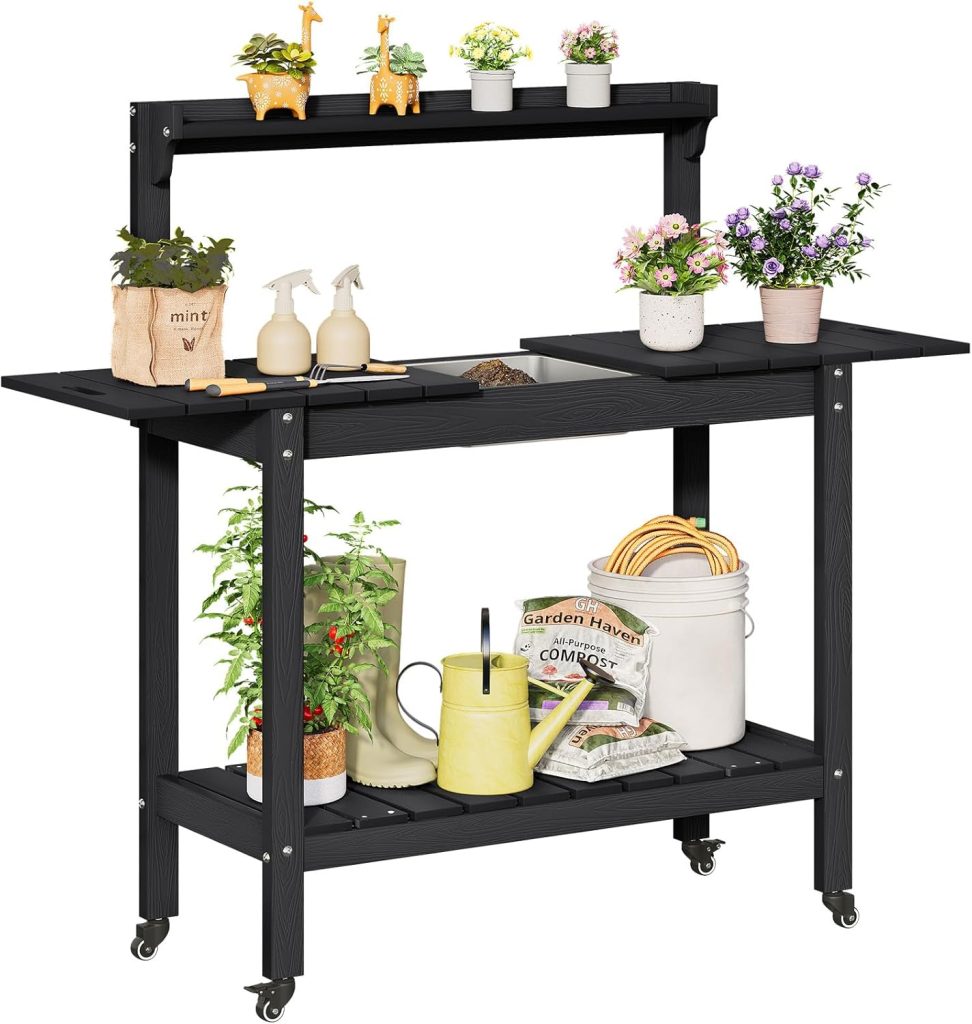 ONBRILL HDPS Outdoor Potting Bench with Sliding Tabletop- 4 Wheels-Removable Sink, All-Weather Outside Garden Work Table, No Rust-Fade-Break, Potting Station for Porch, Patio & Backyard (Black) - 1