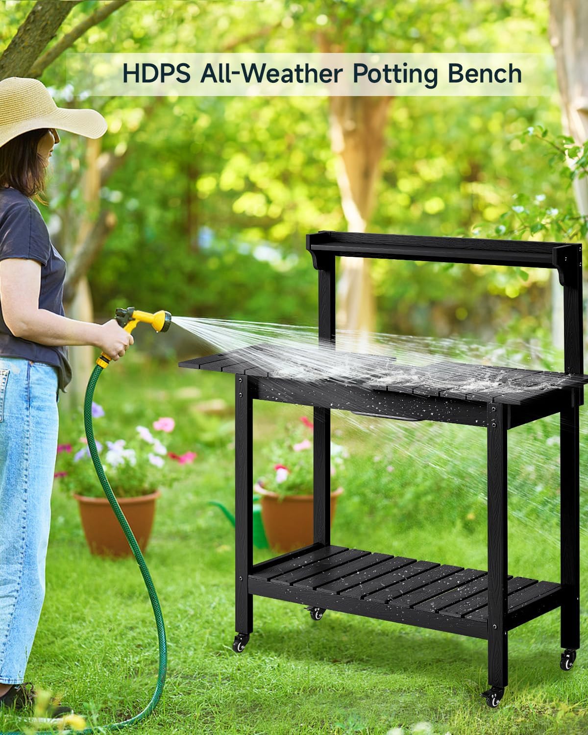 ONBRILL HDPS Outdoor Potting Bench with Sliding Tabletop/ 4 Wheels/Removable Sink, All-Weather Outside Garden Work Table, No Rust/Fade/Break, Potting Station for Porch, Patio & Backyard (Black) - Image 8