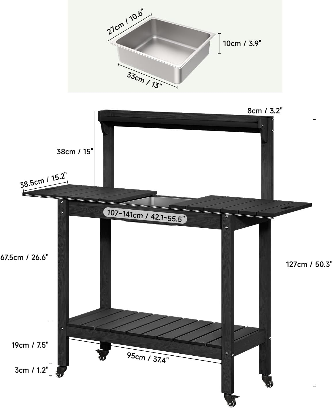 ONBRILL HDPS Outdoor Potting Bench with Sliding Tabletop/ 4 Wheels/Removable Sink, All-Weather Outside Garden Work Table, No Rust/Fade/Break, Potting Station for Porch, Patio & Backyard (Black) - Image 6