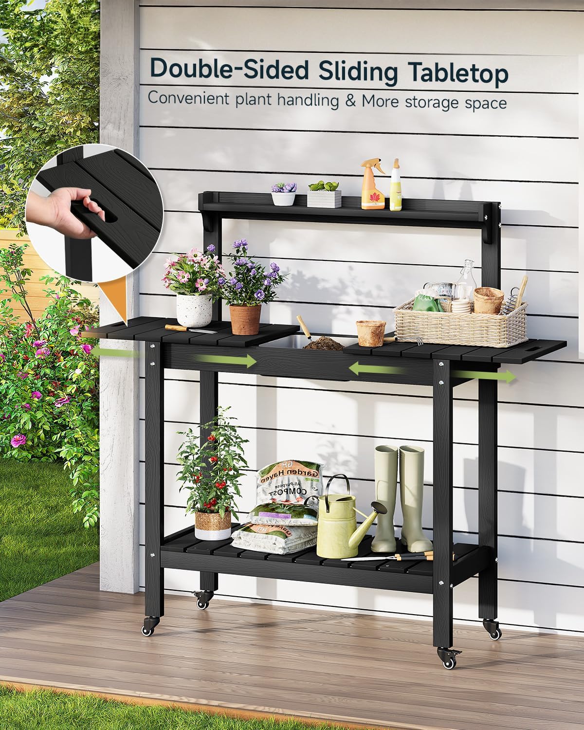 ONBRILL HDPS Outdoor Potting Bench with Sliding Tabletop/ 4 Wheels/Removable Sink, All-Weather Outside Garden Work Table, No Rust/Fade/Break, Potting Station for Porch, Patio & Backyard (Black) - Image 7
