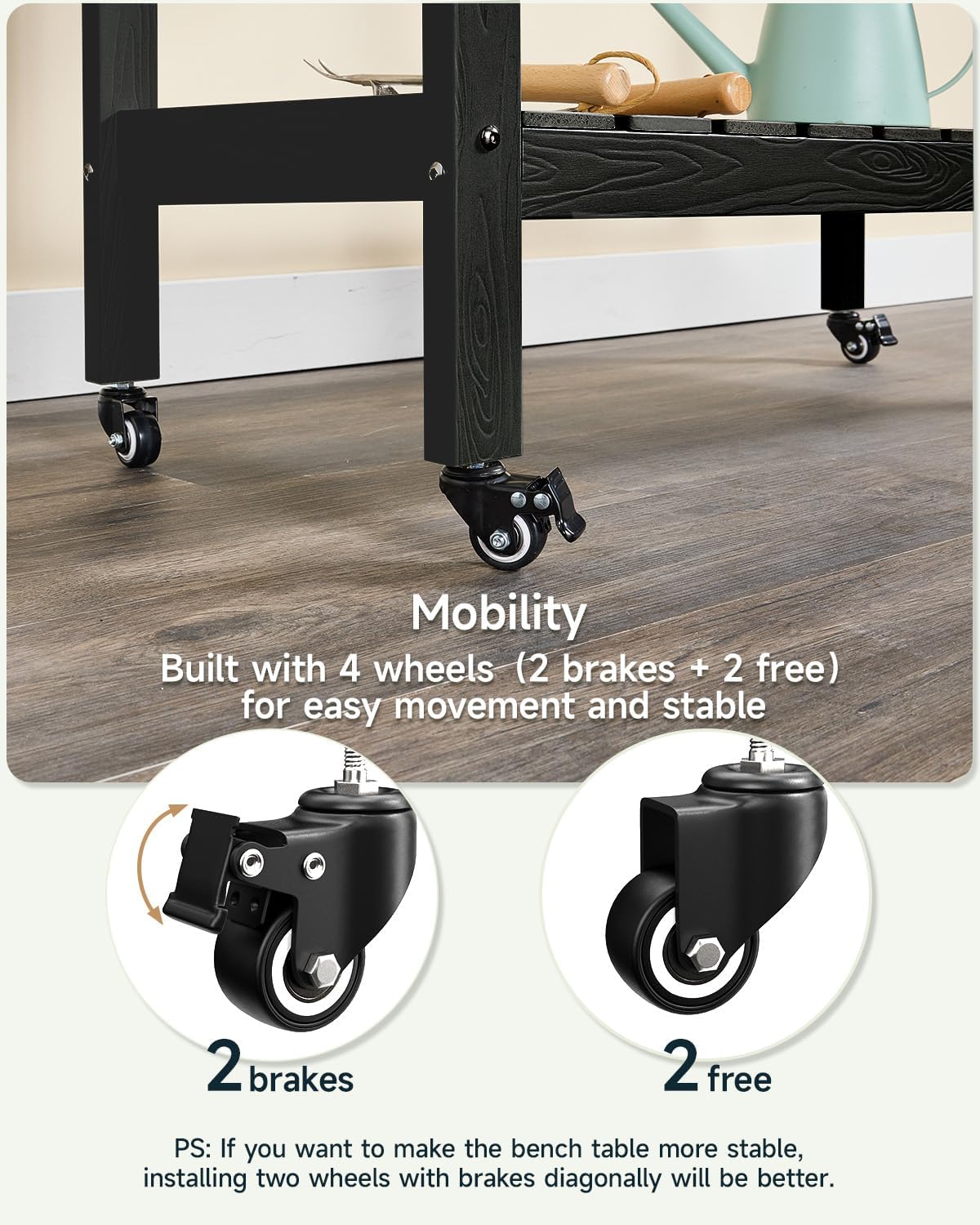 ONBRILL HDPS Outdoor Potting Bench with Sliding Tabletop/ 4 Wheels/Removable Sink, All-Weather Outside Garden Work Table, No Rust/Fade/Break, Potting Station for Porch, Patio & Backyard (Black) - Image 5
