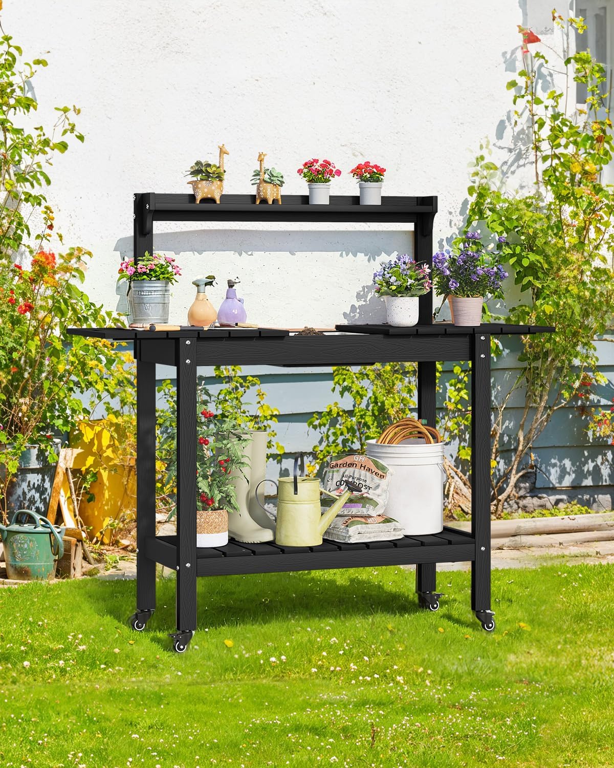 ONBRILL HDPS Outdoor Potting Bench with Sliding Tabletop/ 4 Wheels/Removable Sink, All-Weather Outside Garden Work Table, No Rust/Fade/Break, Potting Station for Porch, Patio & Backyard (Black) - Image 3