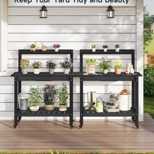 Alternative view of ONBRILL HDPS Outdoor Potting Bench with Sliding Tabletop/ 4 Wheels/Removable Sink, All-Weather Outside Garden Work Table, No Rust/Fade/Break, Potting Station for Porch, Patio & Backyard (Black)