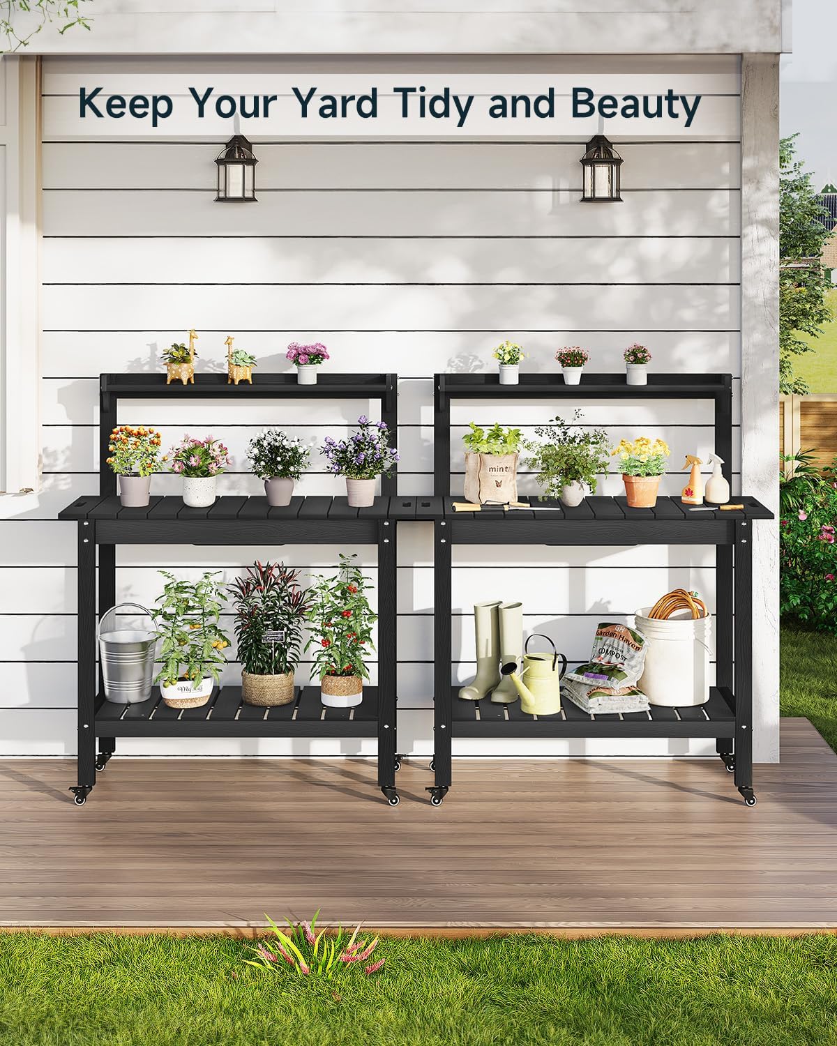 ONBRILL HDPS Outdoor Potting Bench with Sliding Tabletop/ 4 Wheels/Removable Sink, All-Weather Outside Garden Work Table, No Rust/Fade/Break, Potting Station for Porch, Patio & Backyard (Black) - Image 2