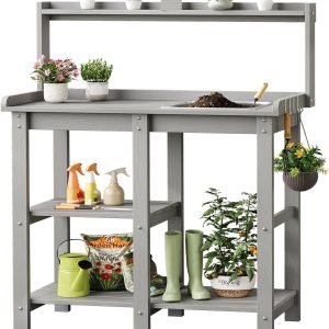 ONBRILL Potting Bench, Outdoor Potting Bench Table with Removable Sink, HDPS Potting Benches for Outside, Garden Table with Storage Shelves & 4 Side Hooks, No Rot, No Fade, No Break, 360lbs Capacity - 1