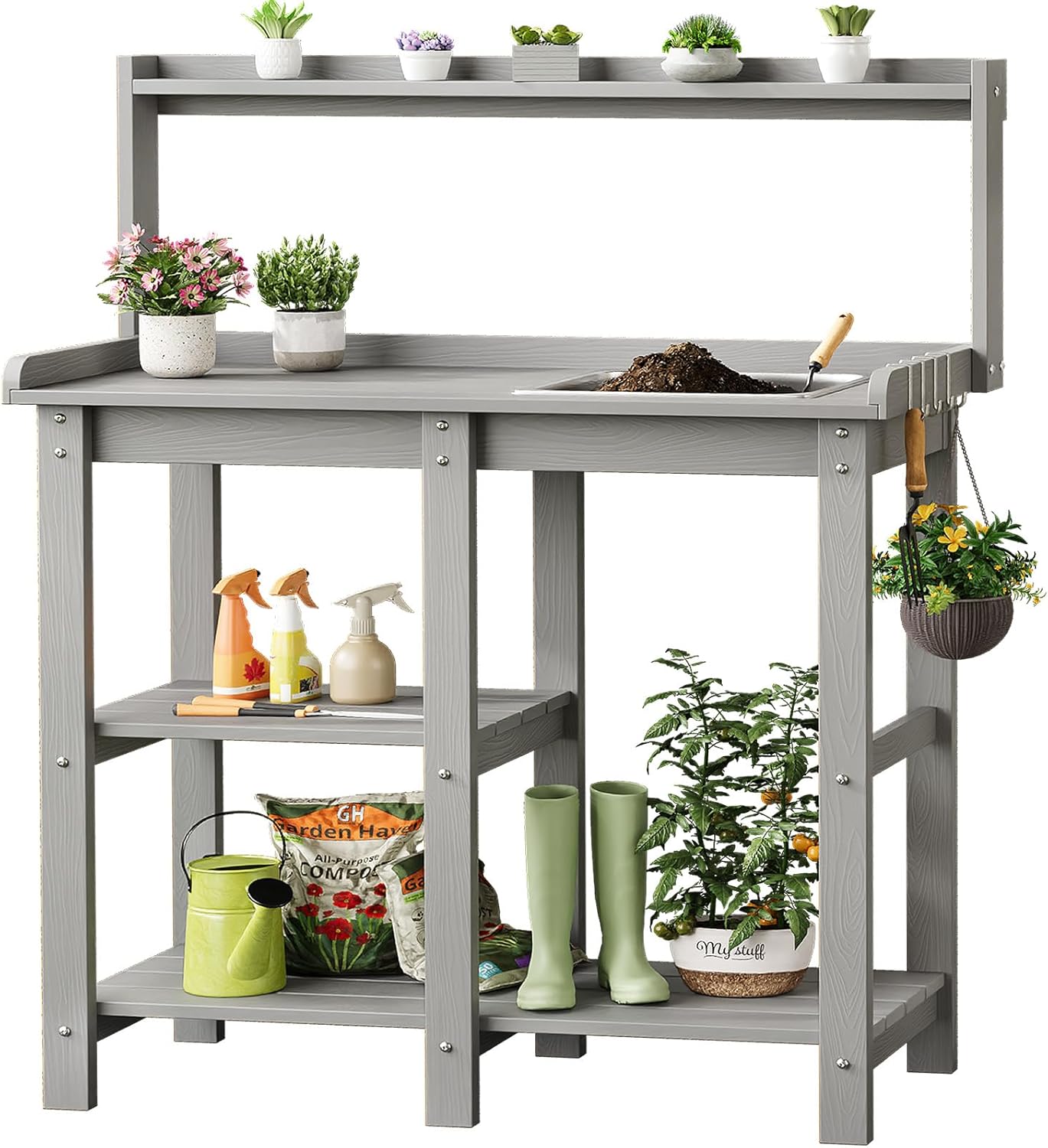 ONBRILL Potting Bench, Outdoor Potting Bench Table with Removable Sink, HDPS Potting Benches for Outside, Garden Table with Storage Shelves & 4 Side Hooks, No Rot, No Fade, No Break, 360lbs Capacity - 1