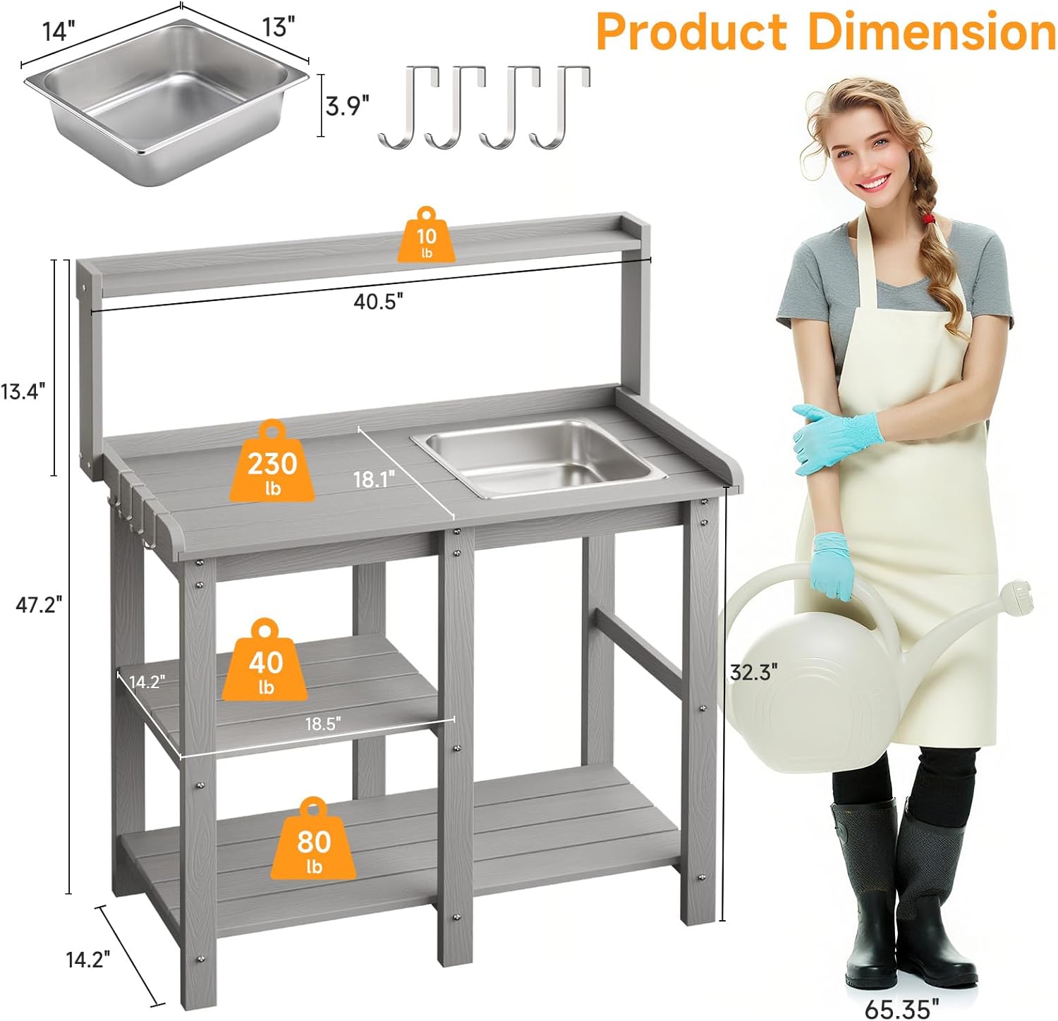 ONBRILL Potting Bench, Outdoor Potting Bench Table with Removable Sink, HDPS Potting Benches for Outside, Garden Table with Storage Shelves & 4 Side Hooks, No Rot, No Fade, No Break, 360lbs Capacity - Image 7