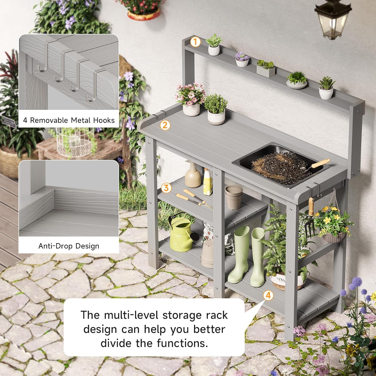 ONBRILL Potting Bench, Outdoor Potting Bench Table with Removable Sink, HDPS Potting Benches for Outside, Garden Table with Storage Shelves & 4 Side Hooks, No Rot, No Fade, No Break, 360lbs Capacity - Image 6