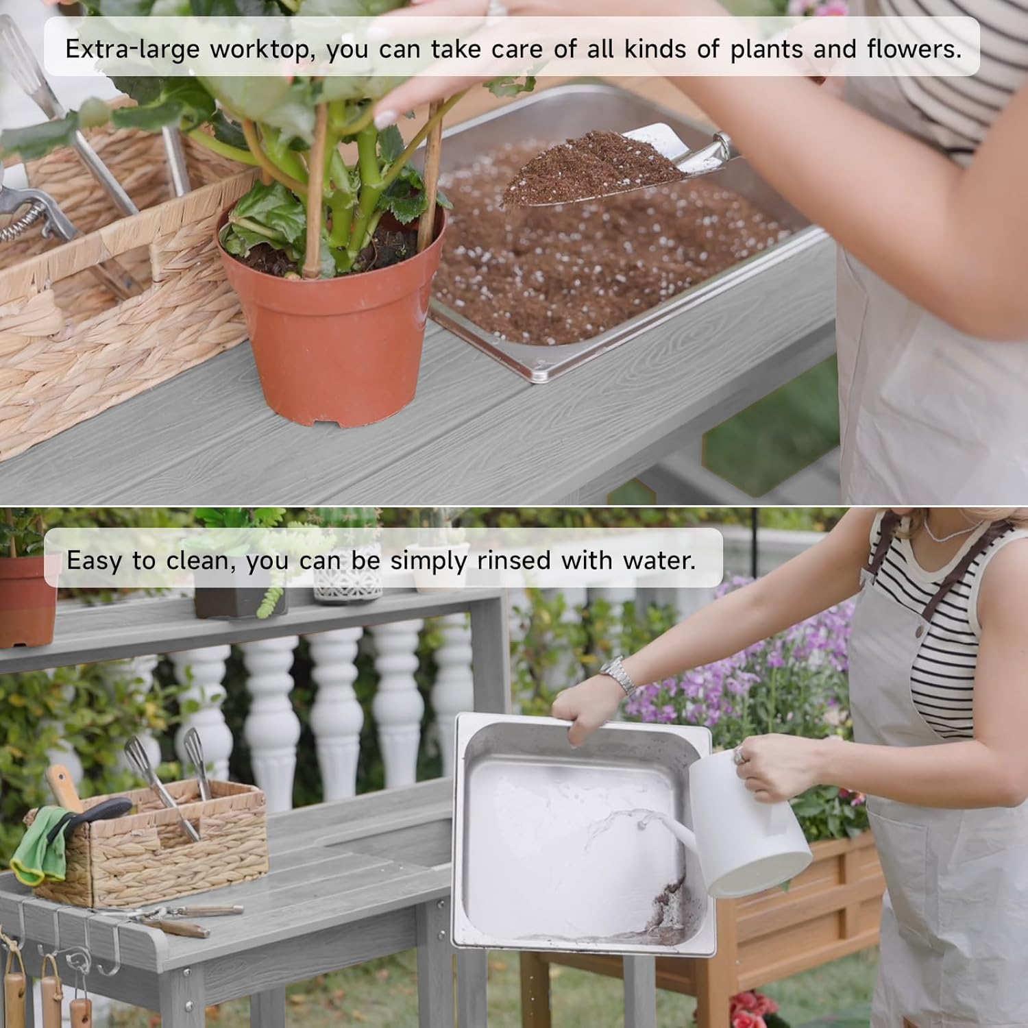 ONBRILL Potting Bench, Outdoor Potting Bench Table with Removable Sink, HDPS Potting Benches for Outside, Garden Table with Storage Shelves & 4 Side Hooks, No Rot, No Fade, No Break, 360lbs Capacity - Image 5