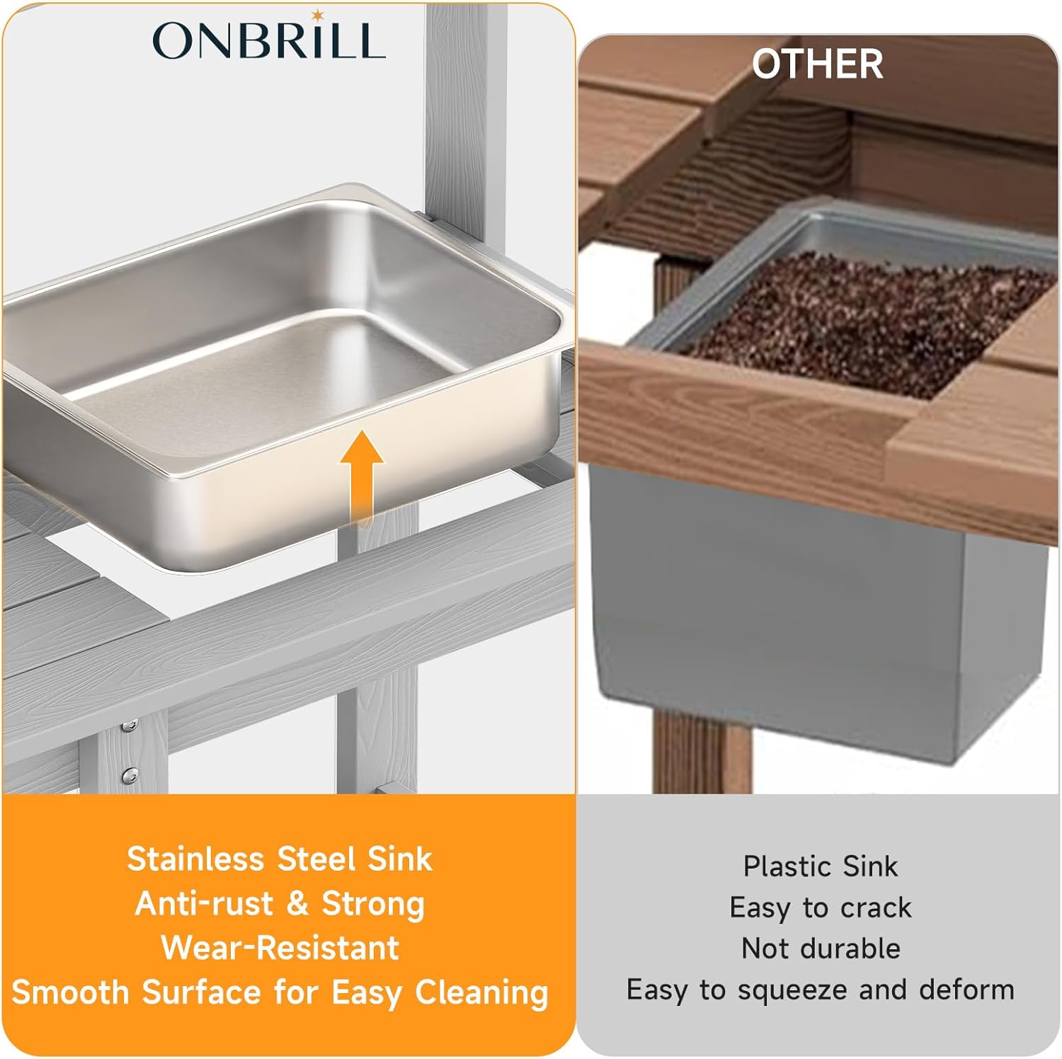 ONBRILL Potting Bench, Outdoor Potting Bench Table with Removable Sink, HDPS Potting Benches for Outside, Garden Table with Storage Shelves & 4 Side Hooks, No Rot, No Fade, No Break, 360lbs Capacity - Image 4
