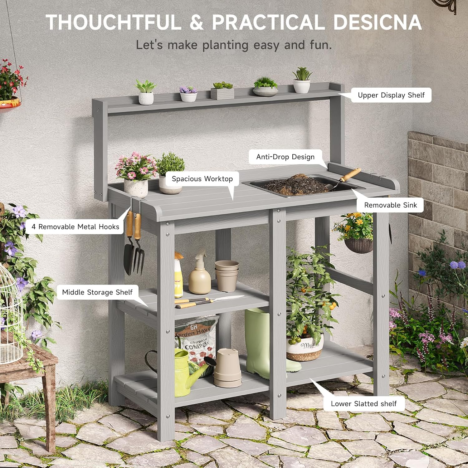 ONBRILL Potting Bench, Outdoor Potting Bench Table with Removable Sink, HDPS Potting Benches for Outside, Garden Table with Storage Shelves & 4 Side Hooks, No Rot, No Fade, No Break, 360lbs Capacity - Image 3