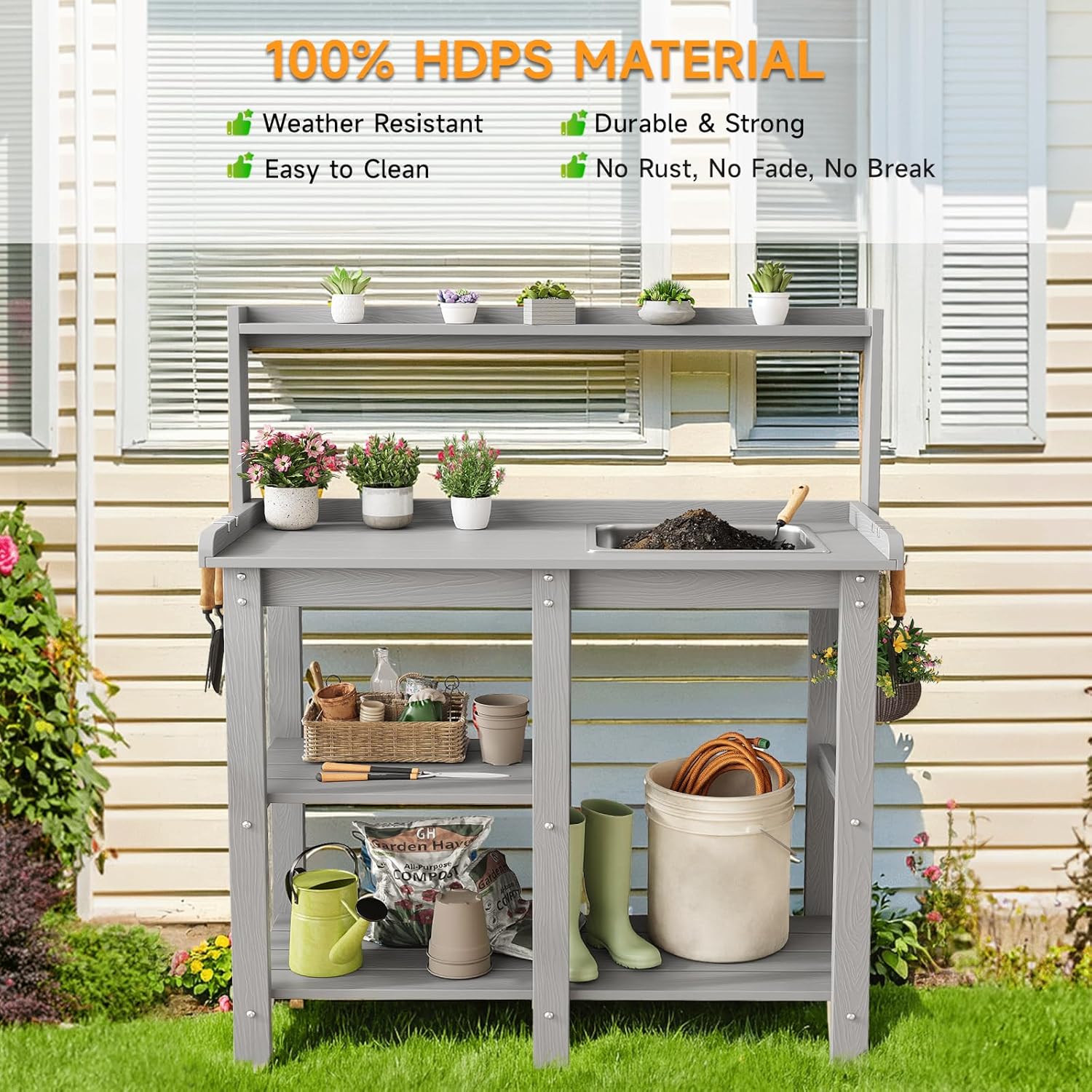 ONBRILL Potting Bench, Outdoor Potting Bench Table with Removable Sink, HDPS Potting Benches for Outside, Garden Table with Storage Shelves & 4 Side Hooks, No Rot, No Fade, No Break, 360lbs Capacity - Image 2
