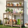 Outdoor Potting Bench with 3 Tier, All-Weather Patio Potting Table with Tool Hooks, HDPE Gardening Table for Backyard, Garden, Brown - 1