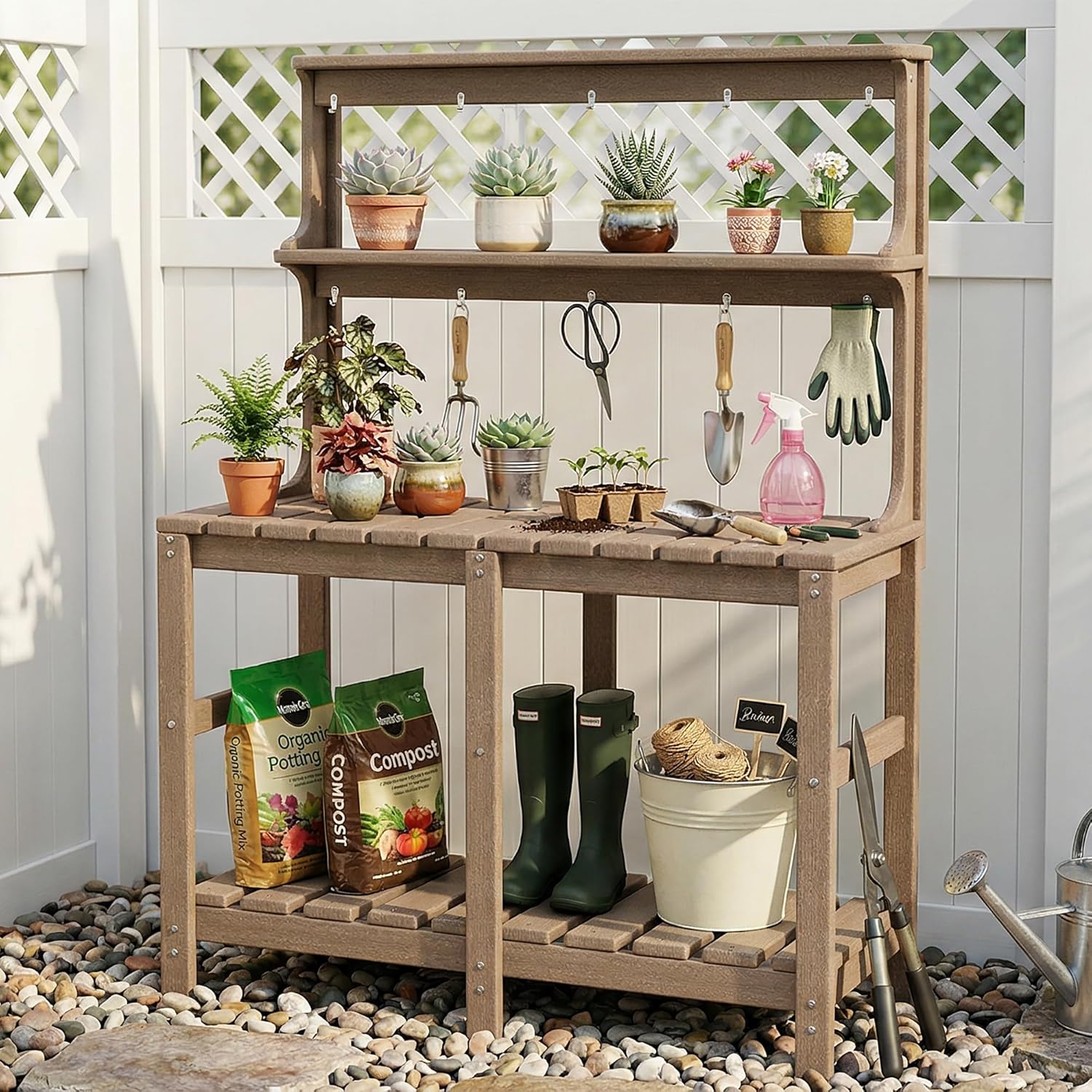 Outdoor Potting Bench with 3 Tier, All-Weather Patio Potting Table with Tool Hooks, HDPE Gardening Table for Backyard, Garden, Brown - Image 7