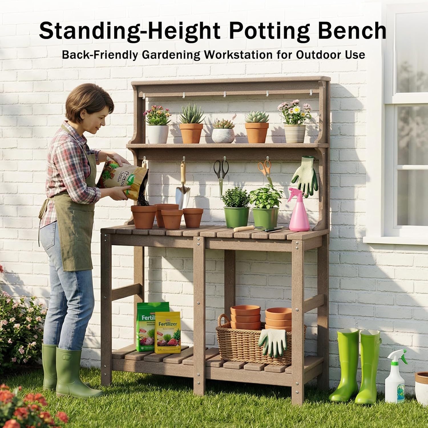Outdoor Potting Bench with 3 Tier, All-Weather Patio Potting Table with Tool Hooks, HDPE Gardening Table for Backyard, Garden, Brown - Image 5
