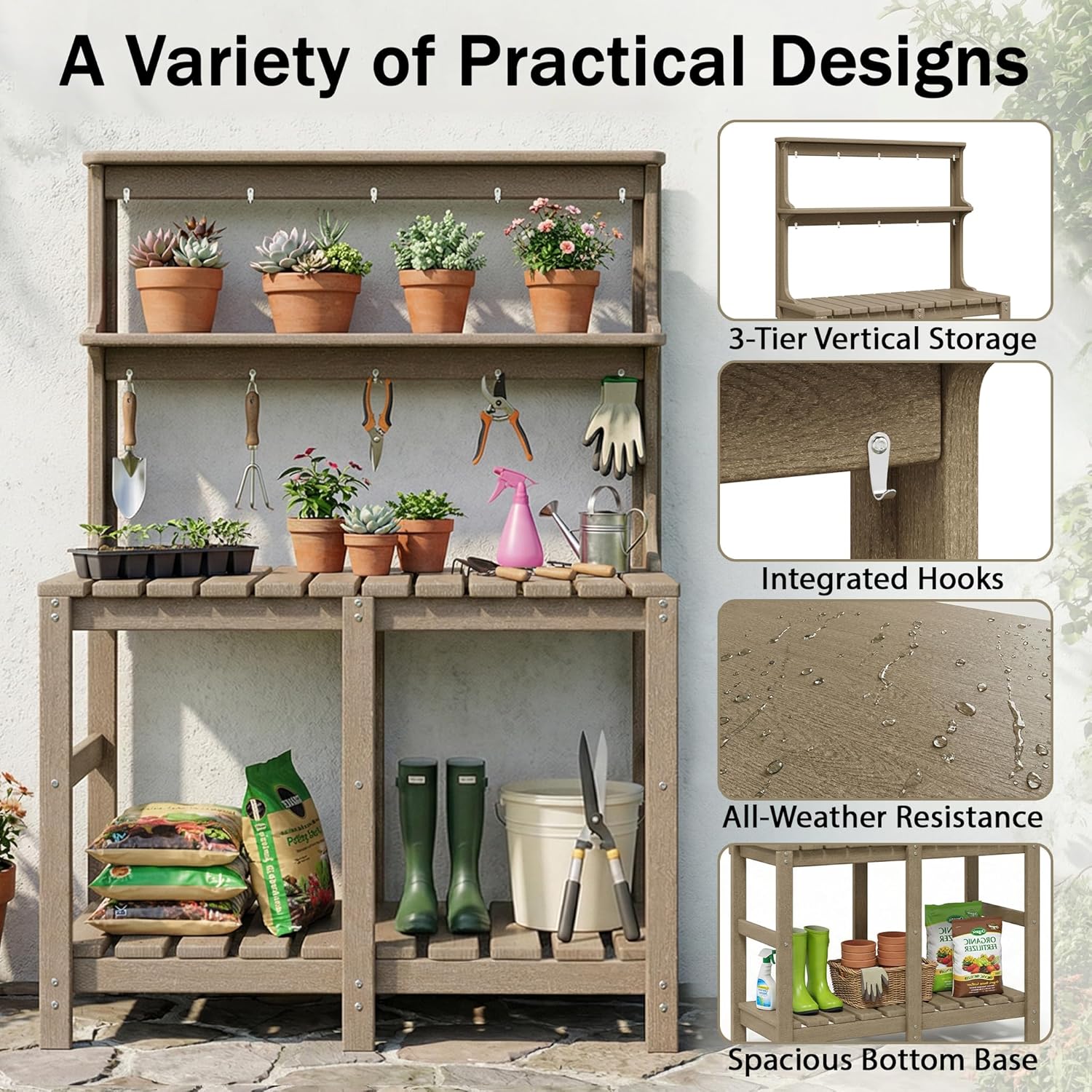 Outdoor Potting Bench with 3 Tier, All-Weather Patio Potting Table with Tool Hooks, HDPE Gardening Table for Backyard, Garden, Brown - Image 6