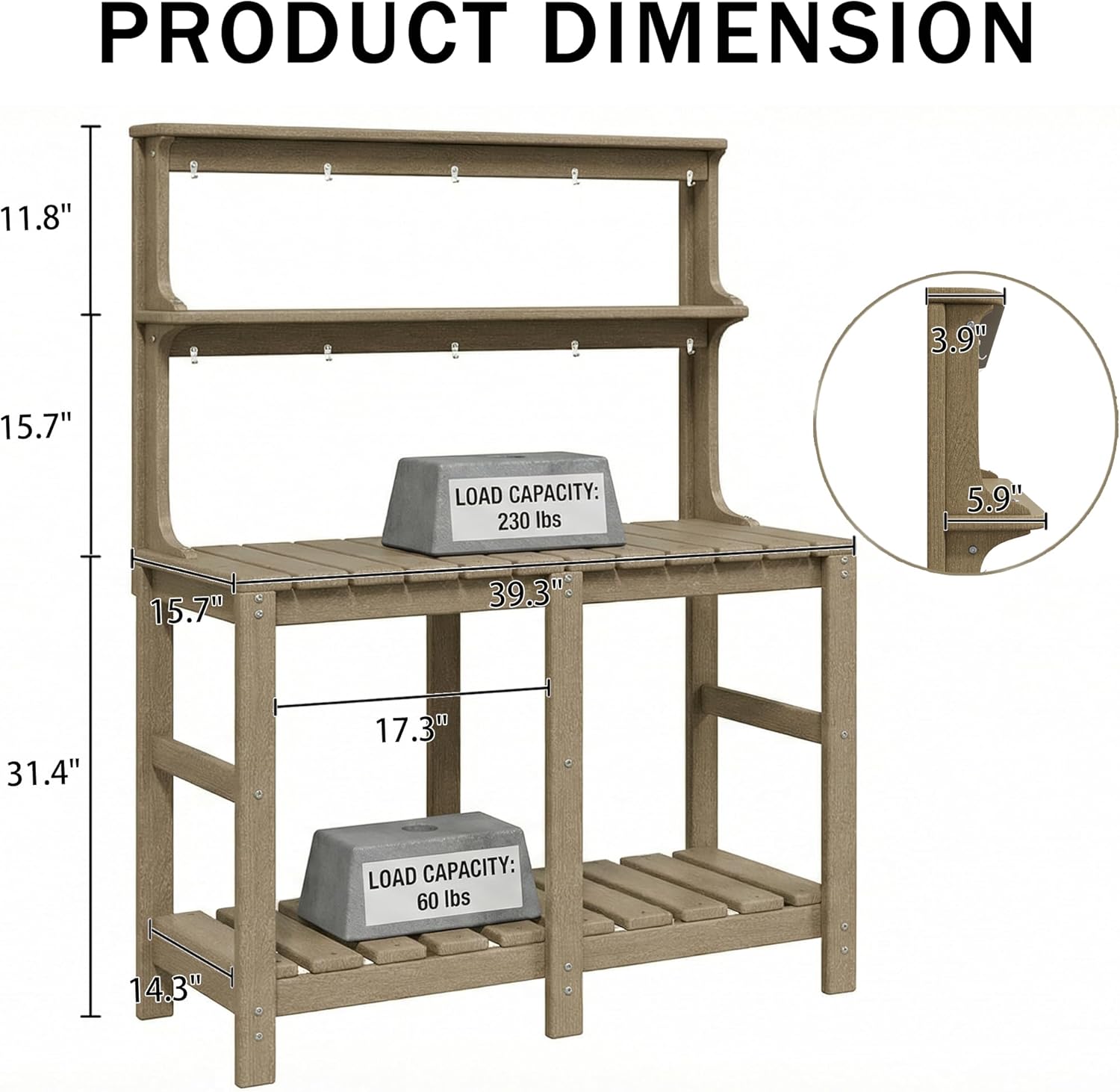 Outdoor Potting Bench with 3 Tier, All-Weather Patio Potting Table with Tool Hooks, HDPE Gardening Table for Backyard, Garden, Brown - Image 3