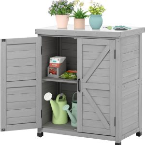 Outdoor Storage Cabinet & Potting Bench Table with Metal Top, Wooden Patio Furniture, Garden Workstation (Classic Grey, 36x31x17in) - 1