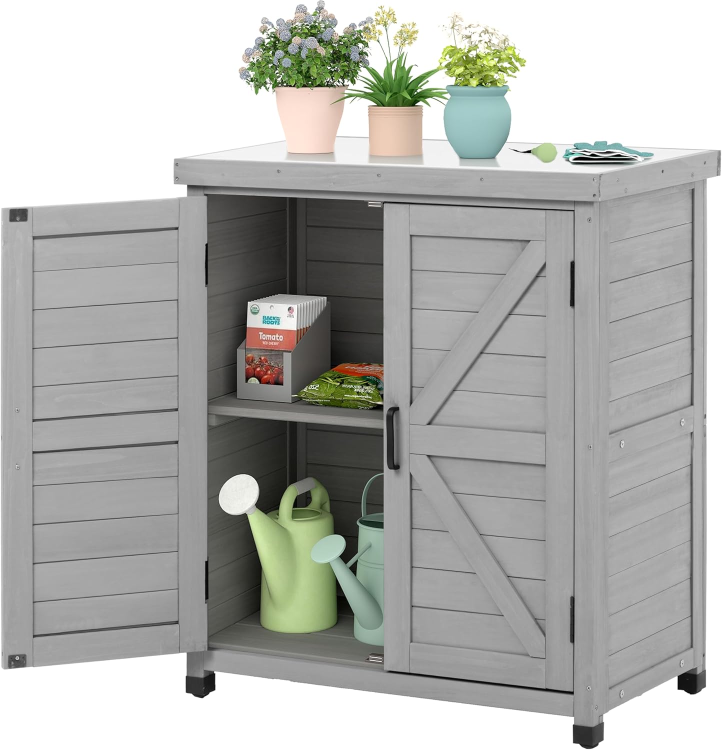 Outdoor Storage Cabinet & Potting Bench Table with Metal Top, Wooden Patio Furniture, Garden Workstation (Classic Grey, 36x31x17in) - 1