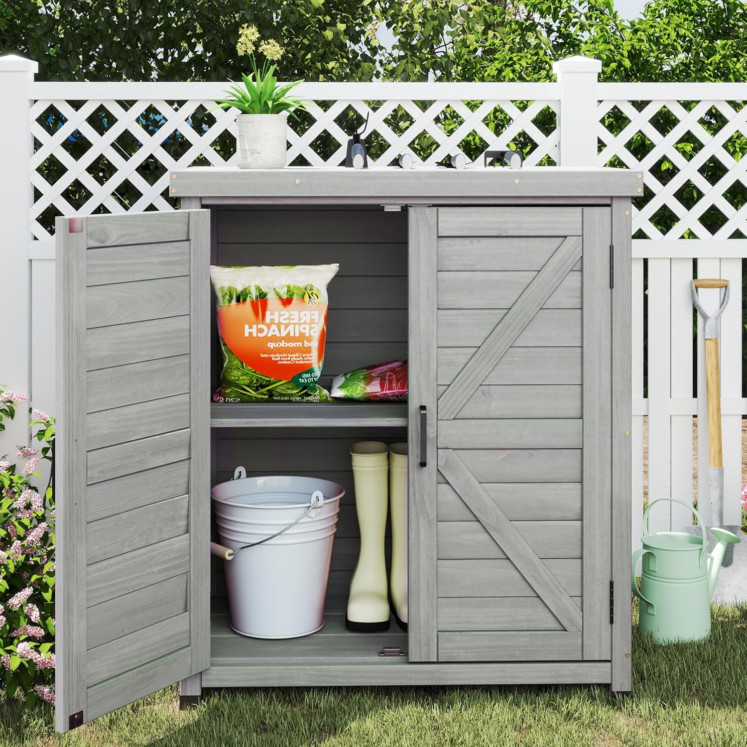 Outdoor Storage Cabinet & Potting Bench Table with Metal Top, Wooden Patio Furniture, Garden Workstation (Classic Grey, 36x31x17in) - Image 7