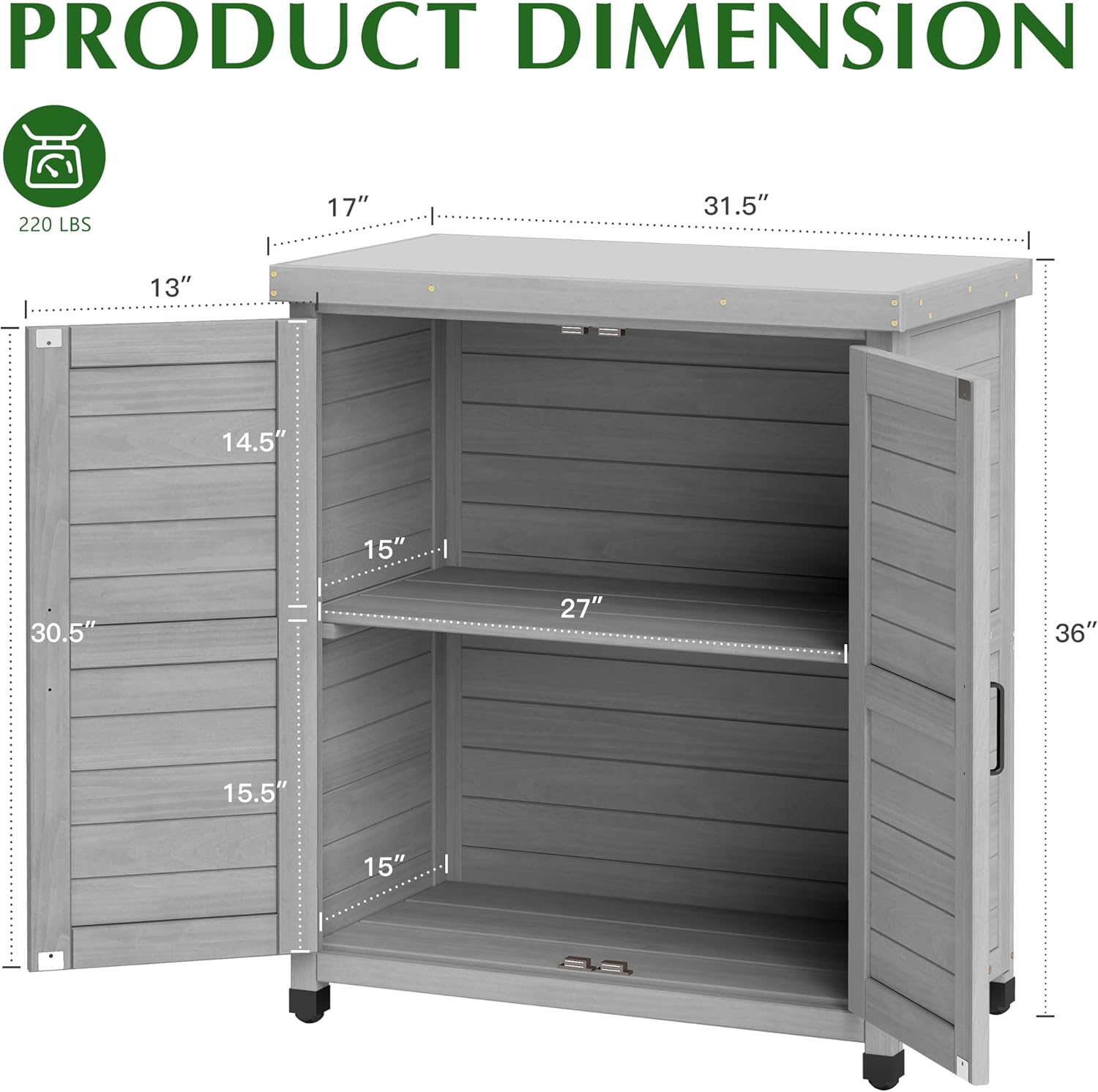 Outdoor Storage Cabinet & Potting Bench Table with Metal Top, Wooden Patio Furniture, Garden Workstation (Classic Grey, 36x31x17in) - Image 6