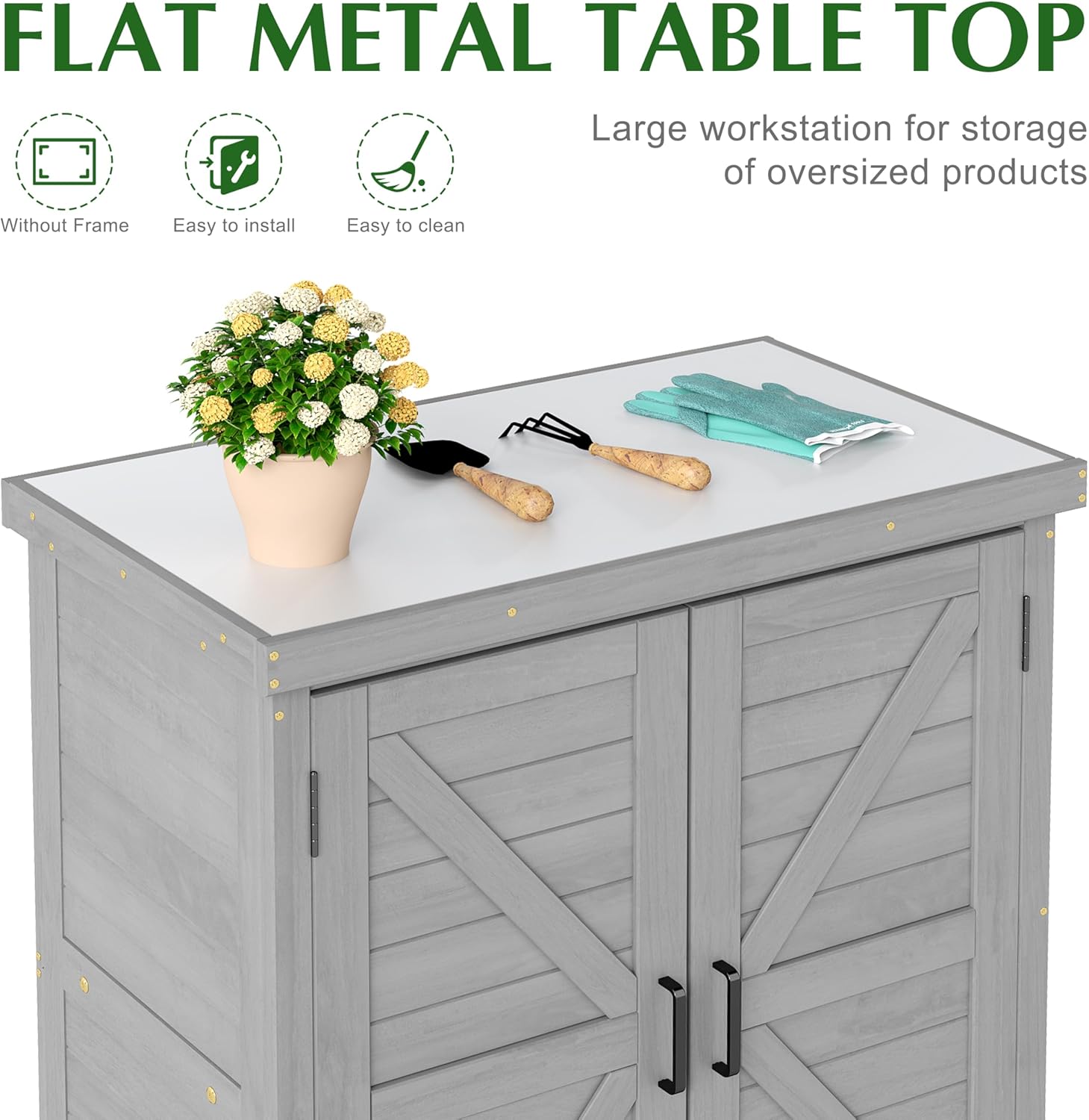 Outdoor Storage Cabinet & Potting Bench Table with Metal Top, Wooden Patio Furniture, Garden Workstation (Classic Grey, 36x31x17in) - Image 5