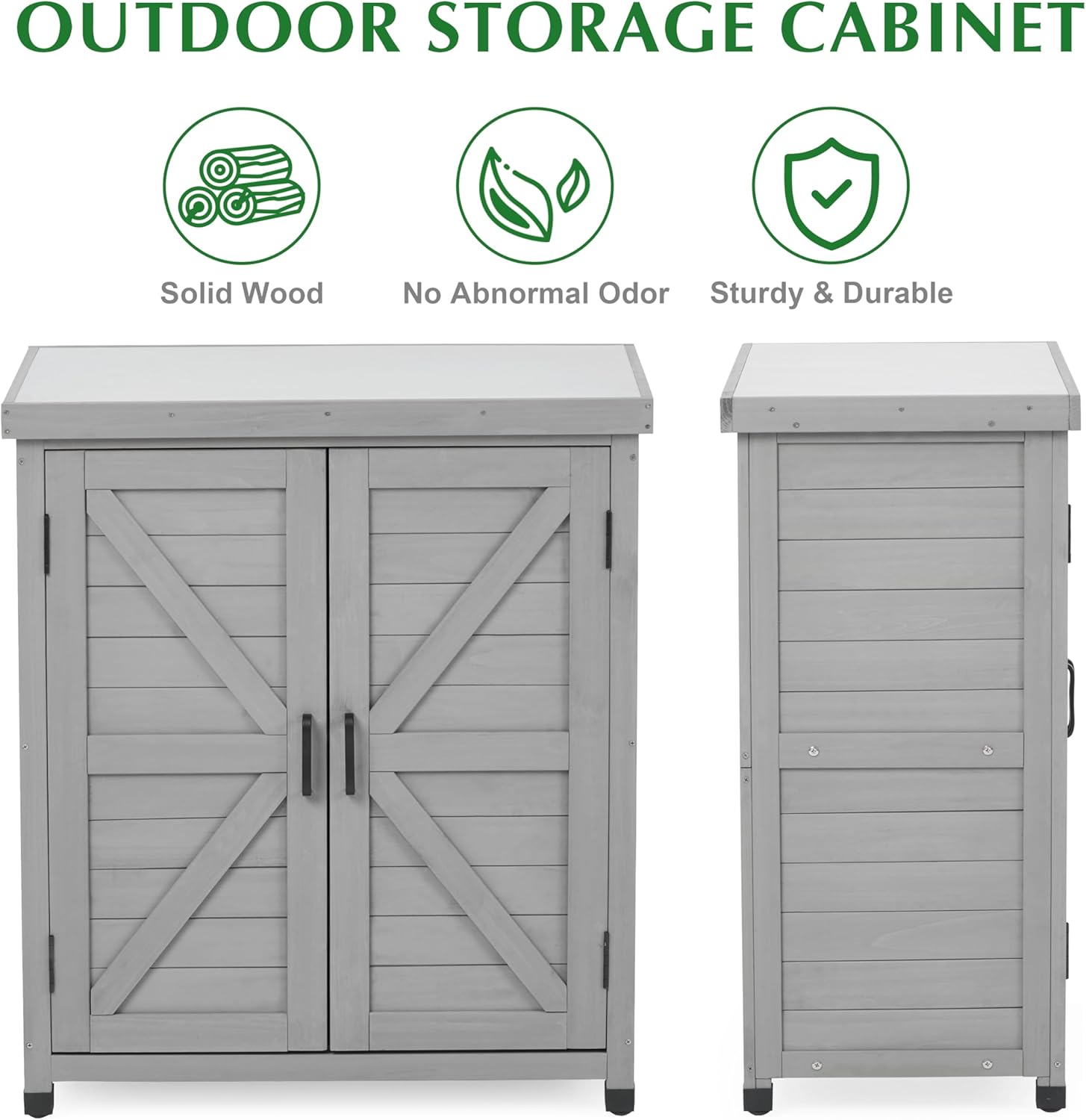 Outdoor Storage Cabinet & Potting Bench Table with Metal Top, Wooden Patio Furniture, Garden Workstation (Classic Grey, 36x31x17in) - Image 3