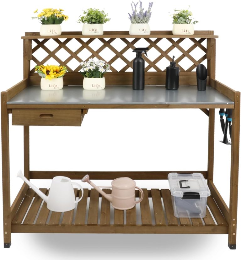PetsCosset Garden Potting Benches & Tables,Outdoor Wooden Work Station W/Metal Table Top,Drawer,Large Bottom Shelf,Open Shelf Natural Wood-Natural Stained