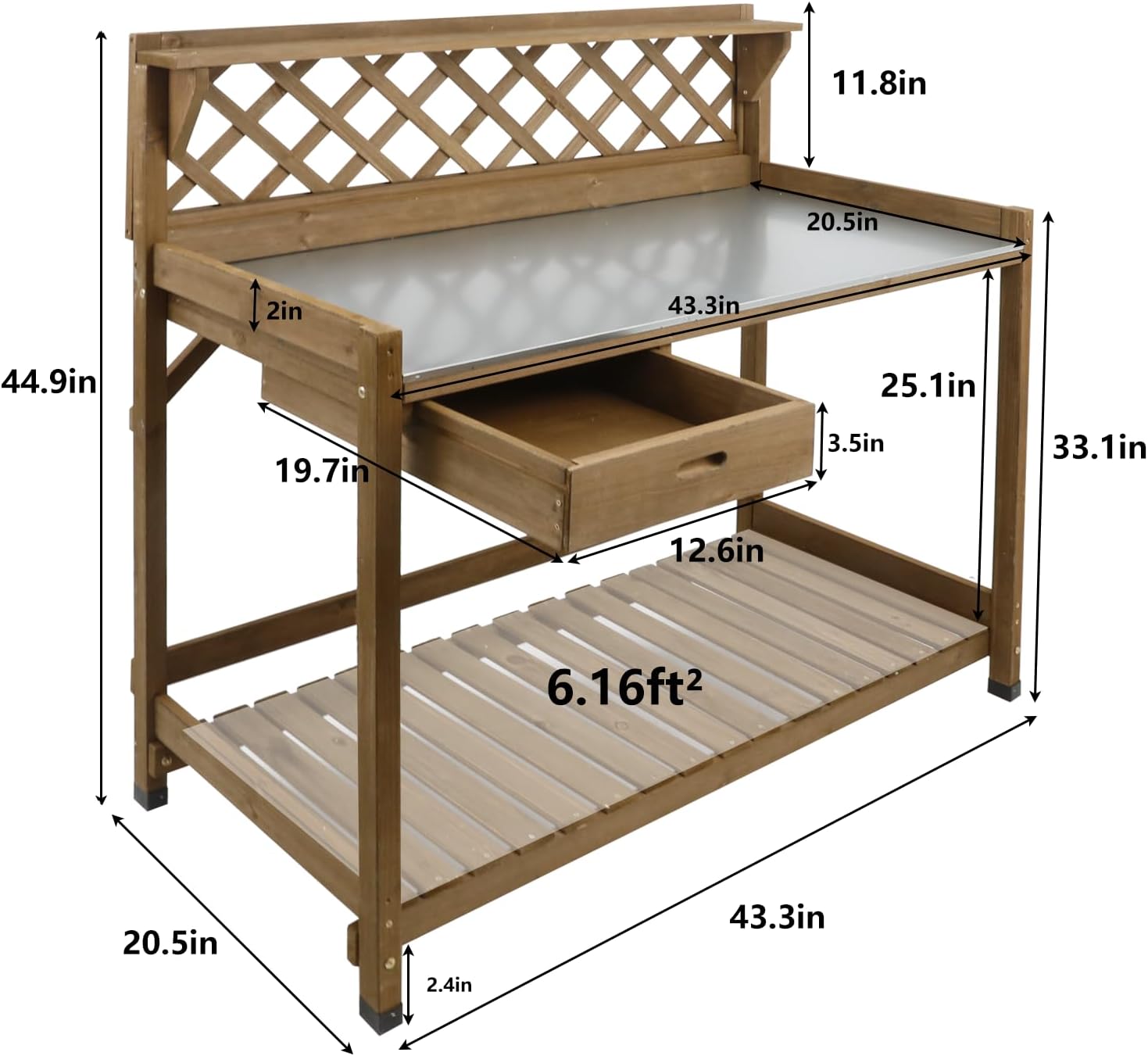 PetsCosset Garden Potting Benches & Tables,Outdoor Wooden Work Station W/Metal Table Top,Drawer,Large Bottom Shelf,Open Shelf Natural Wood-Natural Stained - Image 8