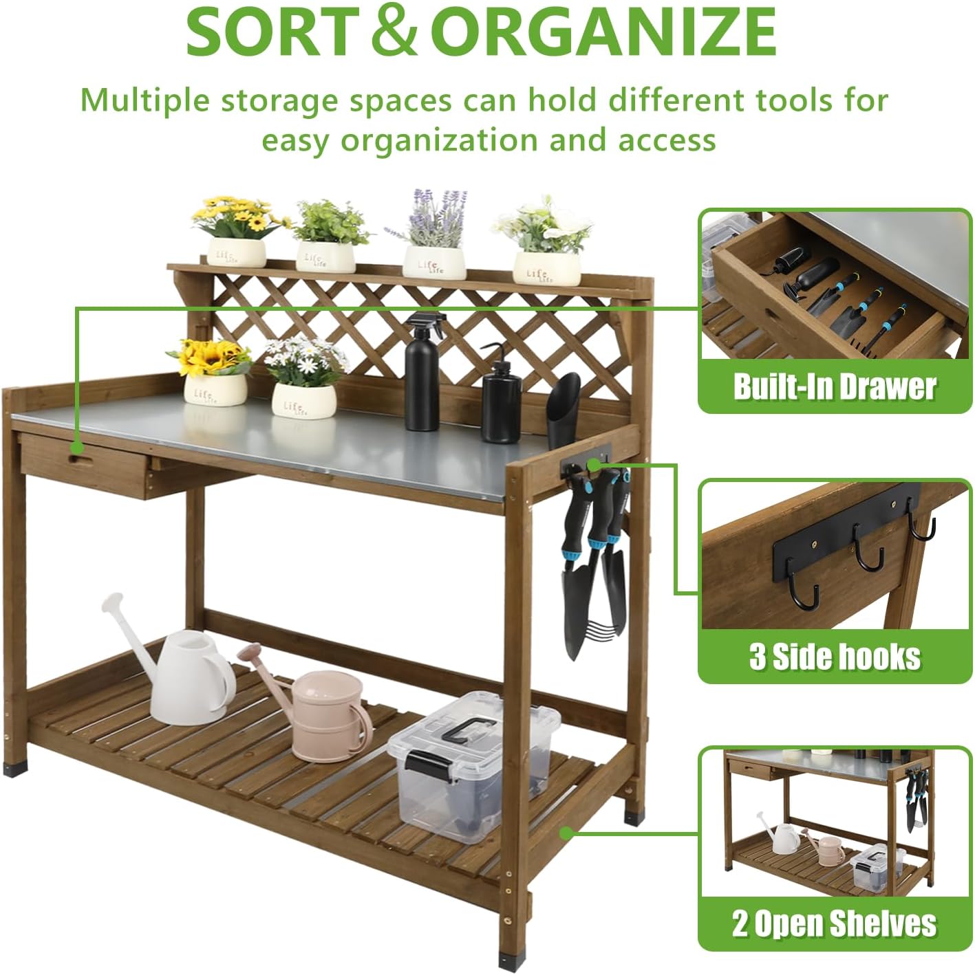 PetsCosset Garden Potting Benches & Tables,Outdoor Wooden Work Station W/Metal Table Top,Drawer,Large Bottom Shelf,Open Shelf Natural Wood-Natural Stained - Image 6