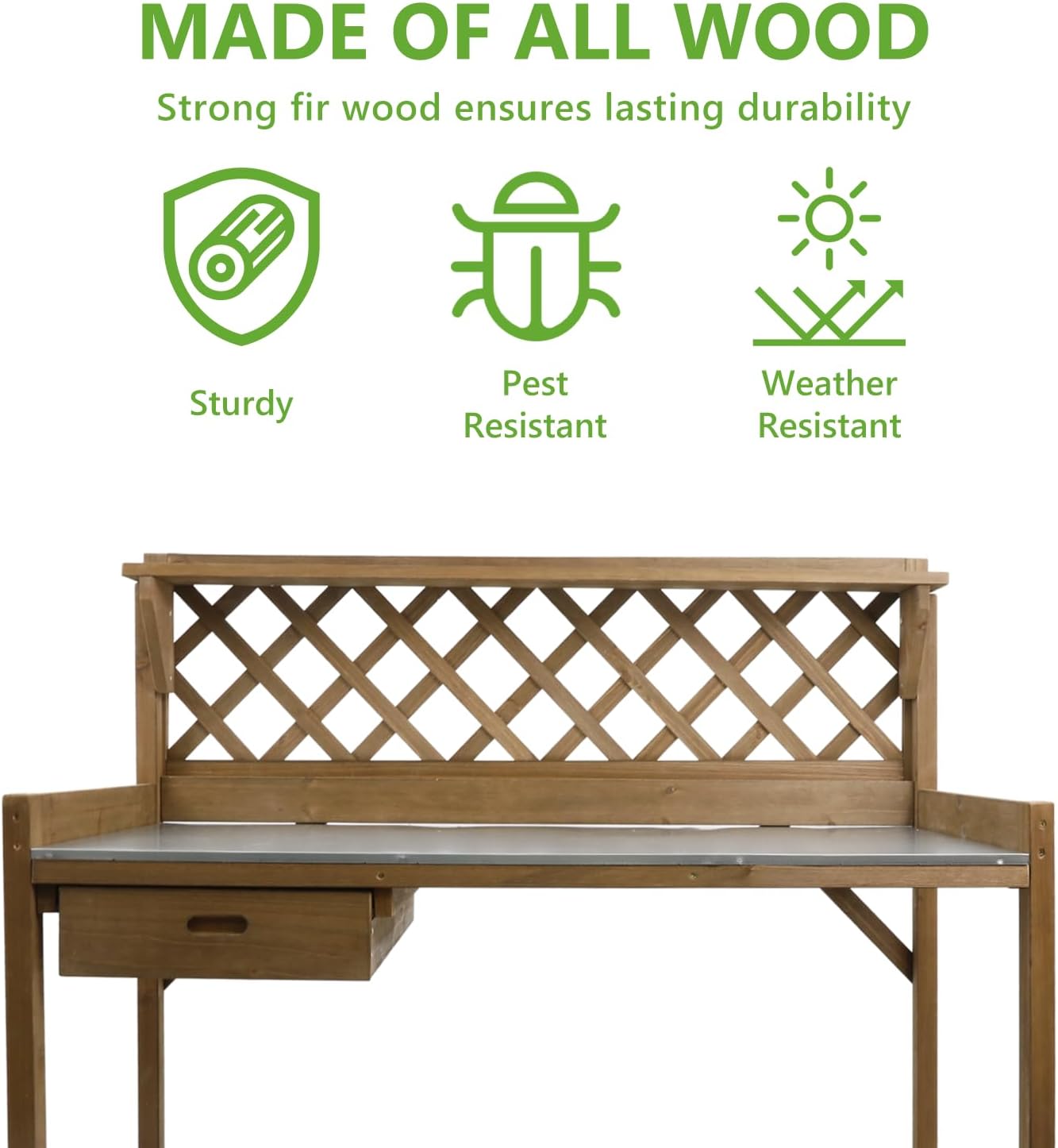 PetsCosset Garden Potting Benches & Tables,Outdoor Wooden Work Station W/Metal Table Top,Drawer,Large Bottom Shelf,Open Shelf Natural Wood-Natural Stained - Image 7