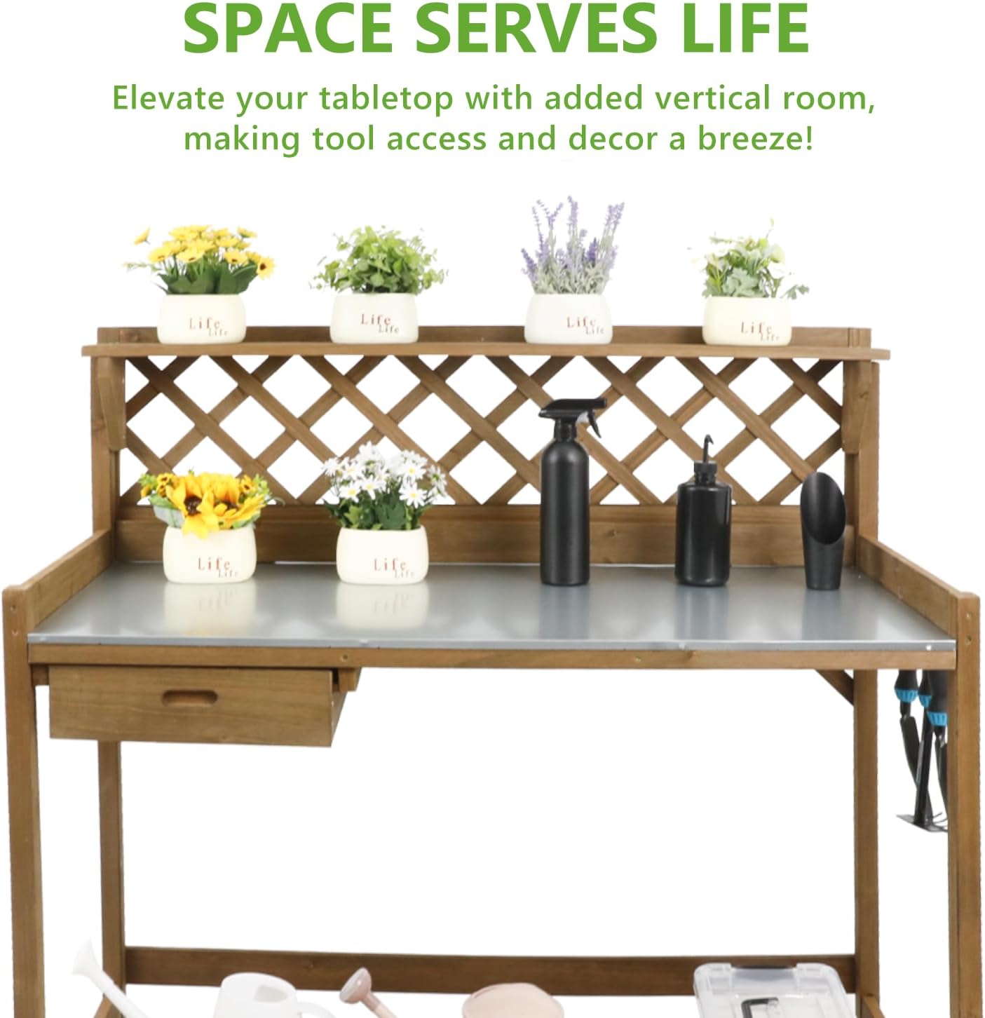 PetsCosset Garden Potting Benches & Tables,Outdoor Wooden Work Station W/Metal Table Top,Drawer,Large Bottom Shelf,Open Shelf Natural Wood-Natural Stained - Image 5