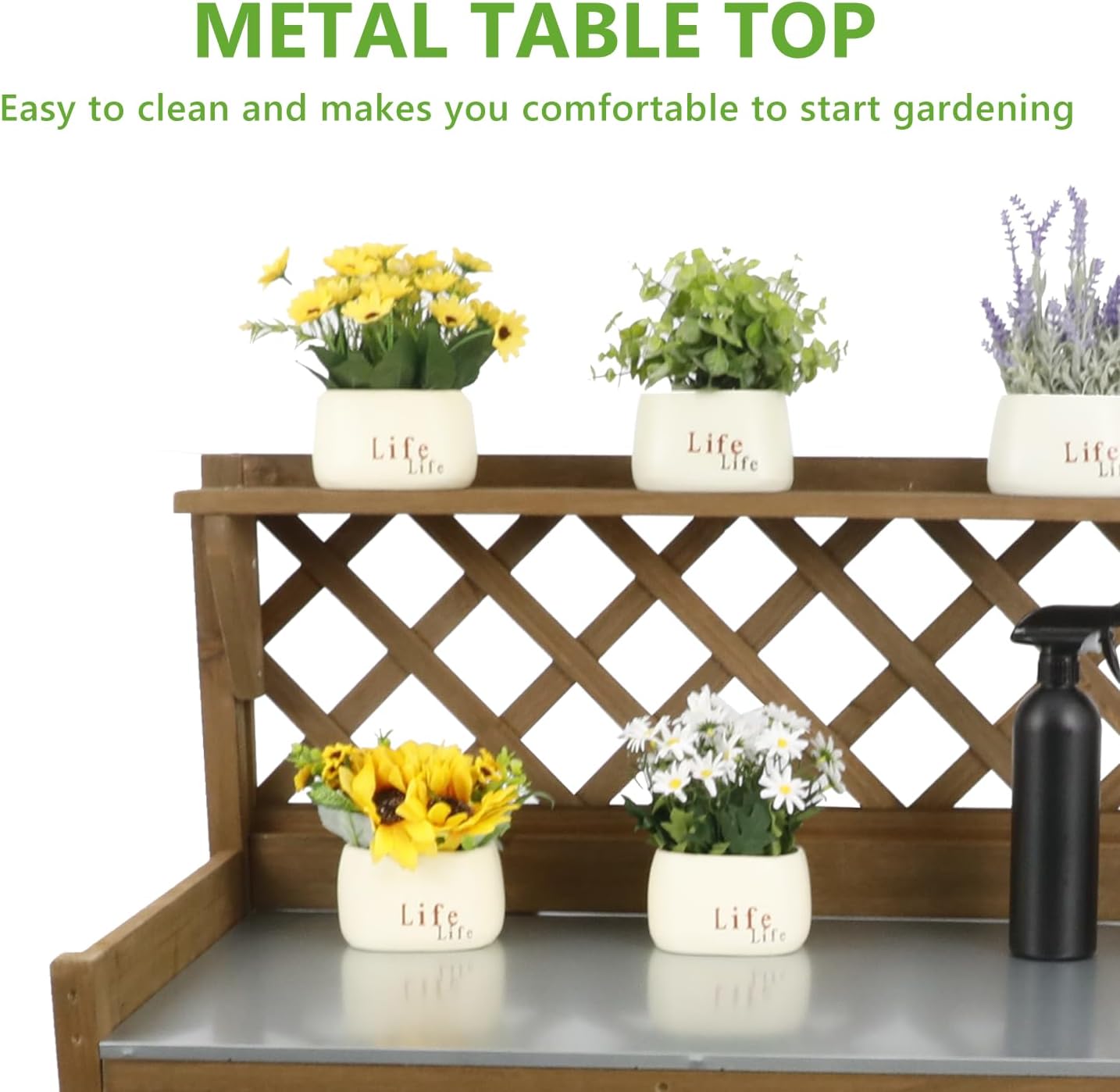 PetsCosset Garden Potting Benches & Tables,Outdoor Wooden Work Station W/Metal Table Top,Drawer,Large Bottom Shelf,Open Shelf Natural Wood-Natural Stained - Image 4