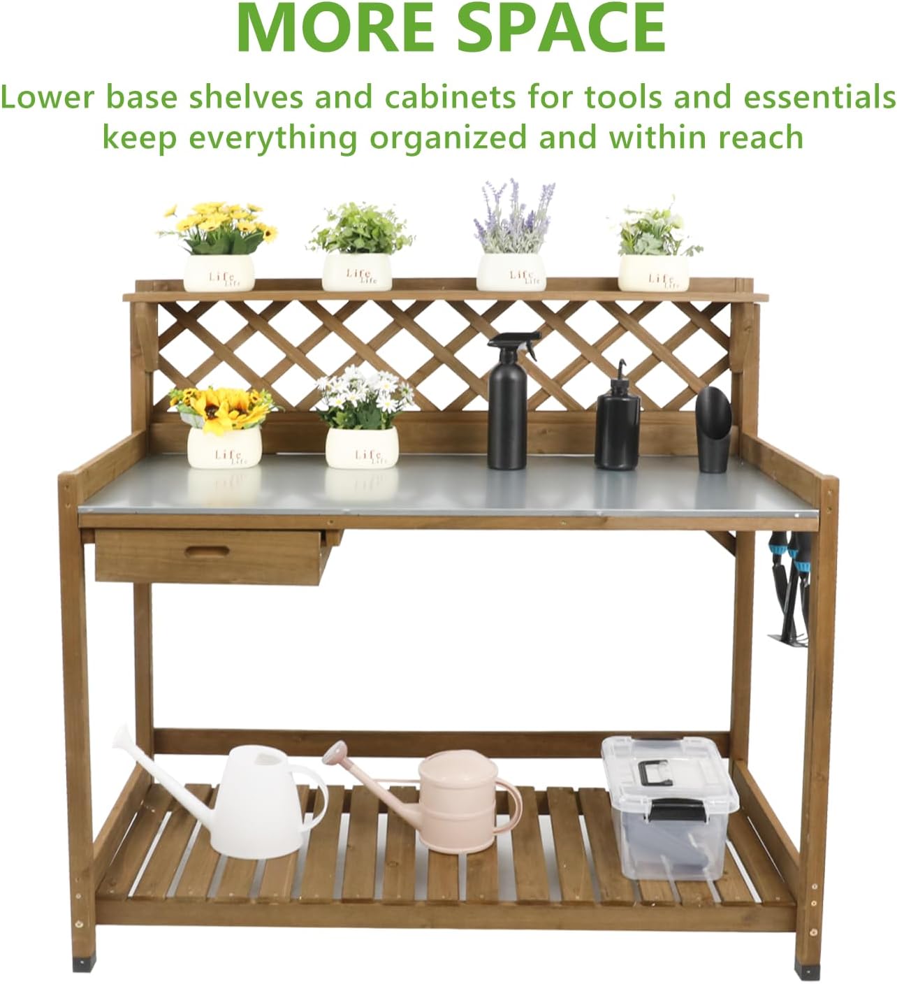 PetsCosset Garden Potting Benches & Tables,Outdoor Wooden Work Station W/Metal Table Top,Drawer,Large Bottom Shelf,Open Shelf Natural Wood-Natural Stained - Image 3