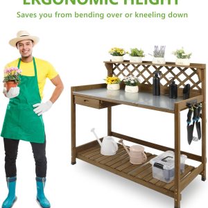 Alternative view of PetsCosset Garden Potting Benches & Tables,Outdoor Wooden Work Station W/Metal Table Top,Drawer,Large Bottom Shelf,Open Shelf Natural Wood-Natural Stained