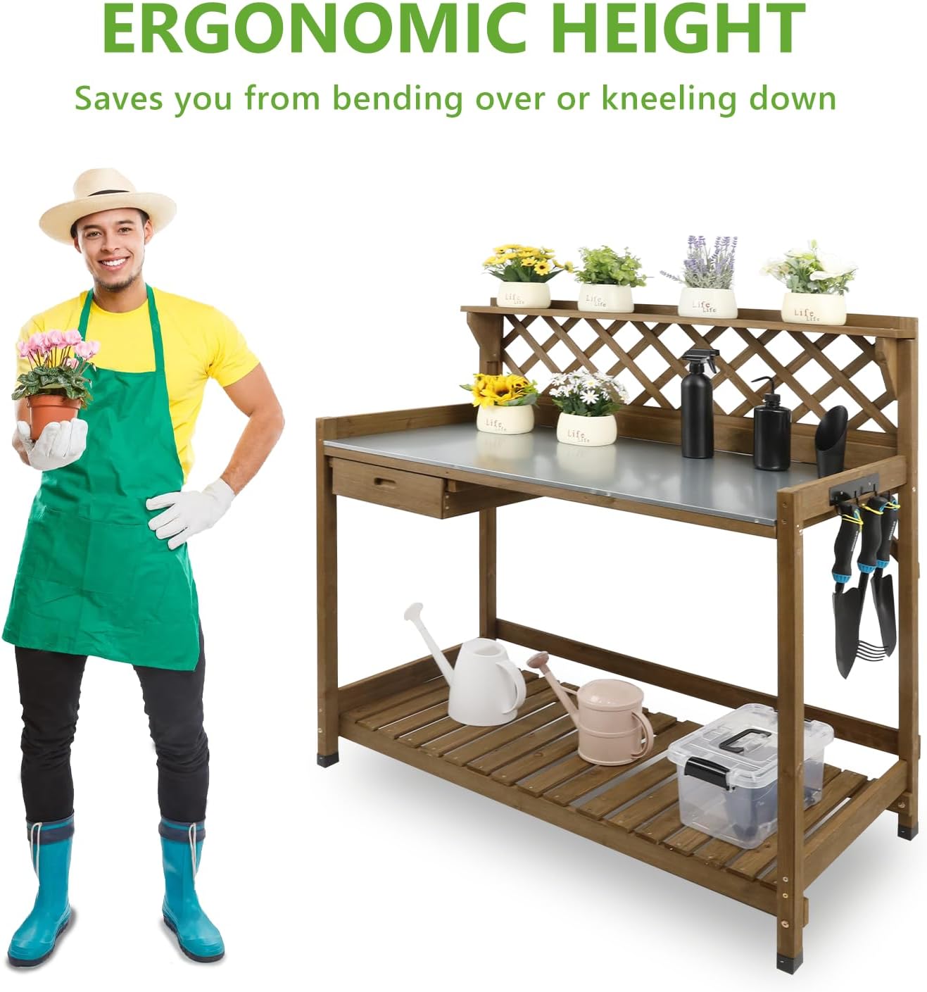 PetsCosset Garden Potting Benches & Tables,Outdoor Wooden Work Station W/Metal Table Top,Drawer,Large Bottom Shelf,Open Shelf Natural Wood-Natural Stained - Image 2