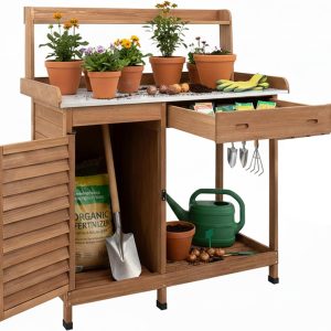 Potting Bench Table Work Bench with Storage Cabinet Outdoor Wooden Garden Workstation with Metal Tabletop-Drawer-Hooks-Open Shelf(41 LX 12.5 W X 49.2 H) - 1